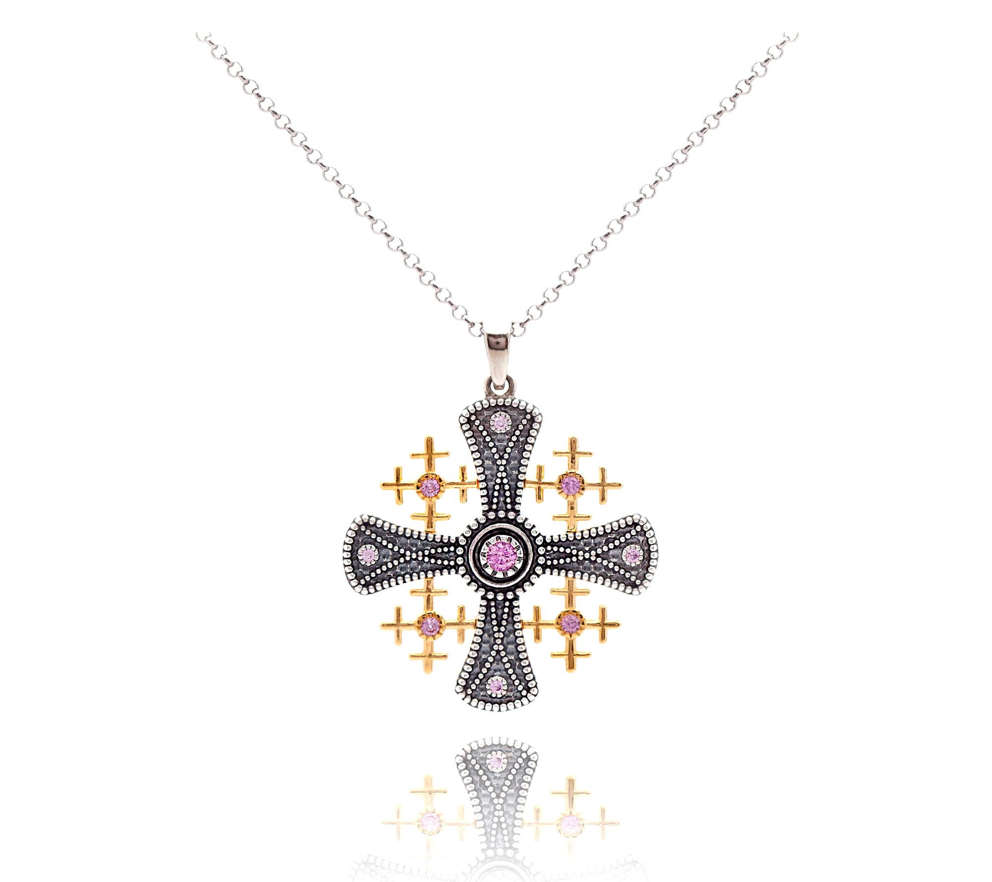 Or Paz Two-Tone Pink Sapphire Jerusalem Cross Necklace