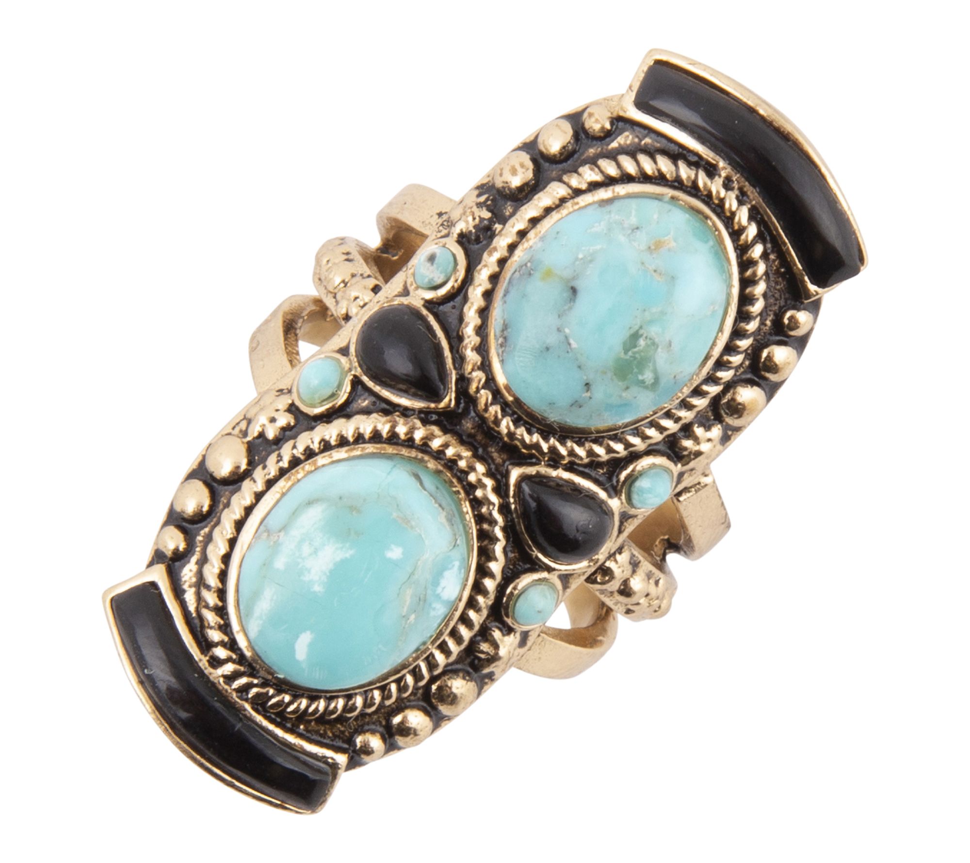 Barse Artisan Crafted Bronze Turquoise & Onyx Double Up Ring