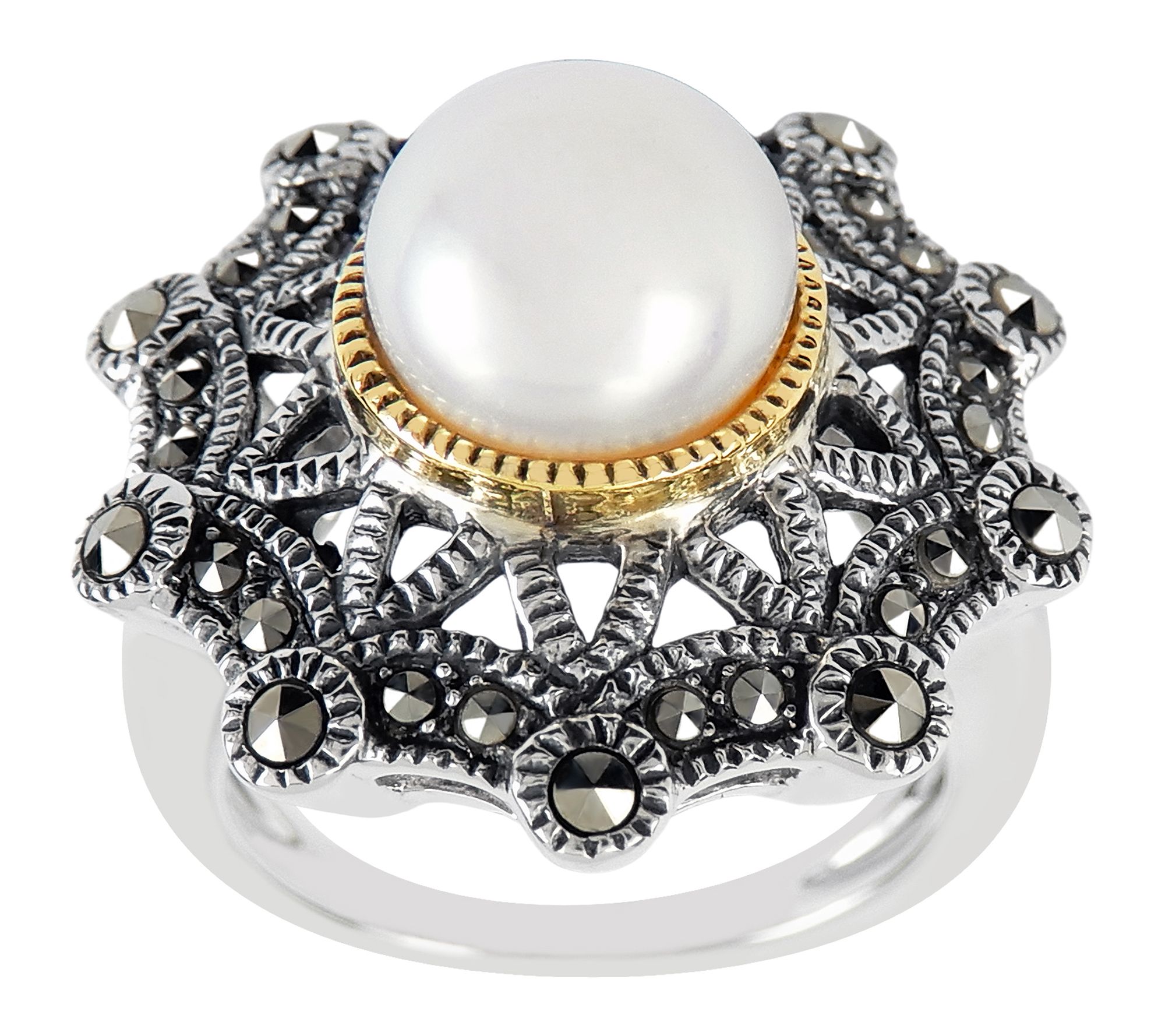 Suspicion Two-Tone Cultured Pearl & Marcasite Ring, Sterling