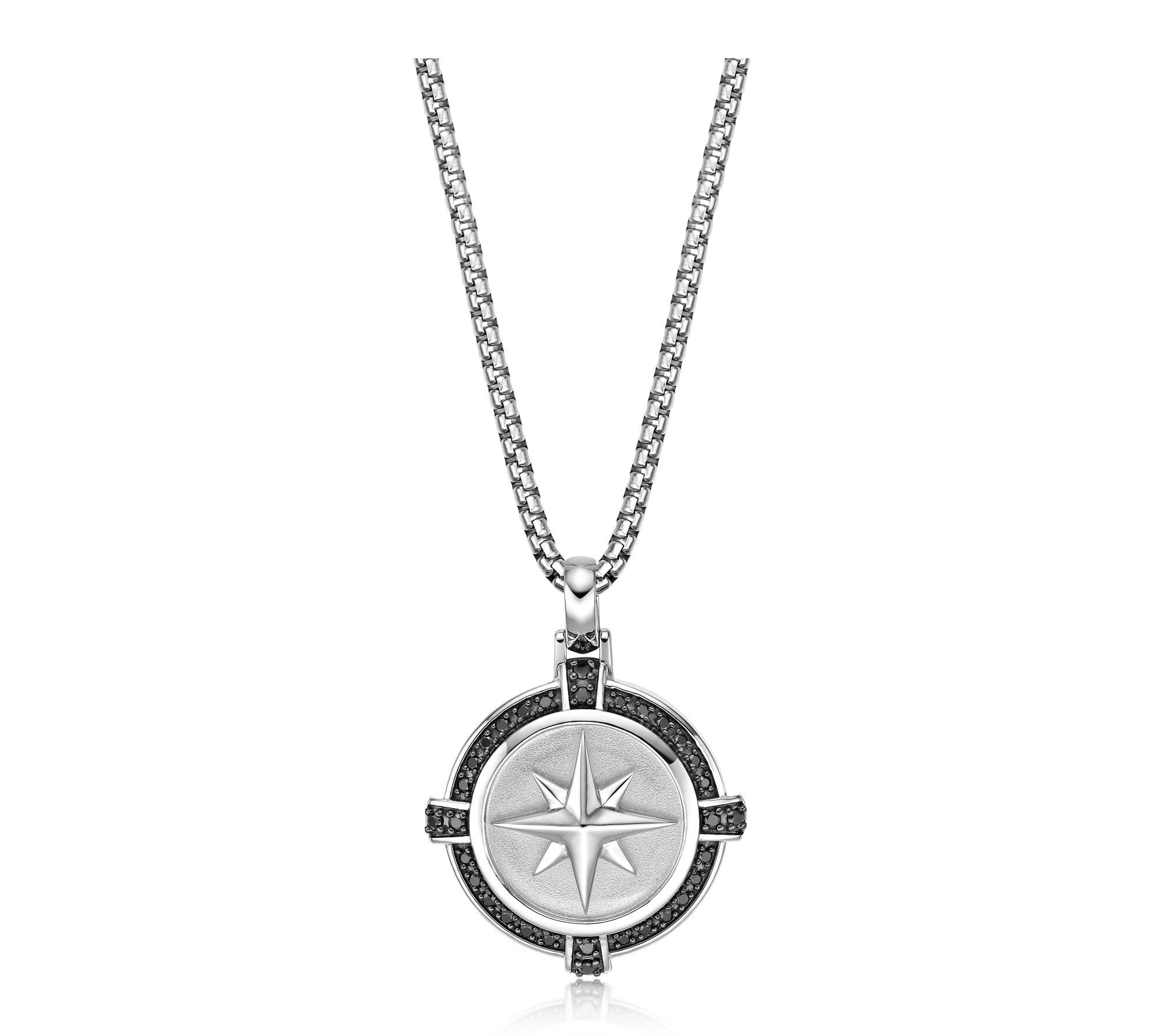 LYNX Men's Sterling Black Diamond Compass Pendant w/ Chain