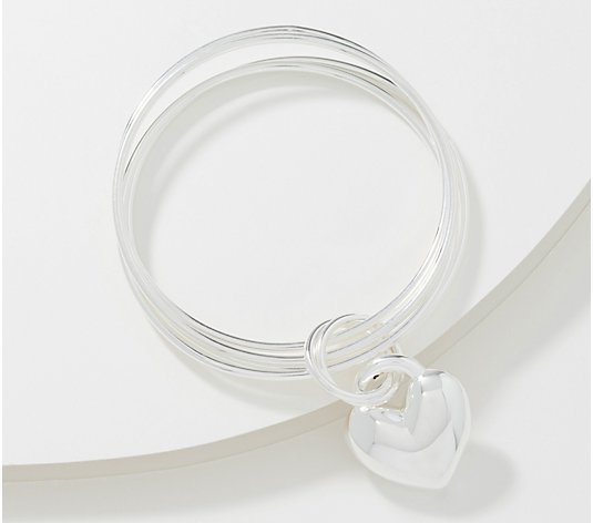 UltraFine Silver Heart Charm Multi-Bangle, 18.0-20.0g