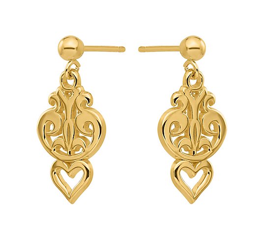 14K Swirl & Heart Cutout Dangle Post Earrings