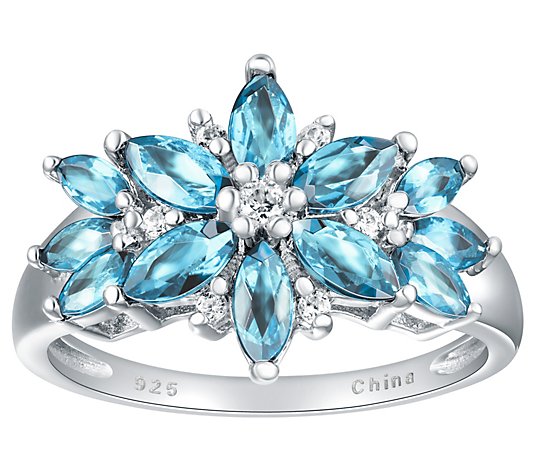 925 Sterling Silver Oval Sky Blue Topaz White Topaz Statement Ring for Women Cttw 1.2