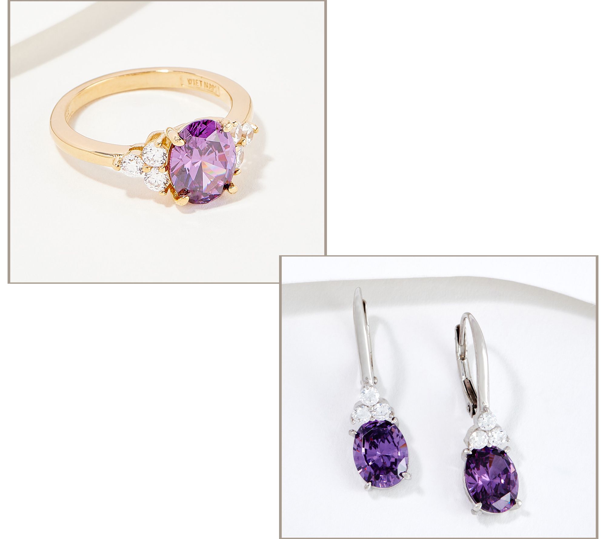Diamonique Oval Simulated Amethyst Ring or Earrings Sterling Silver ...