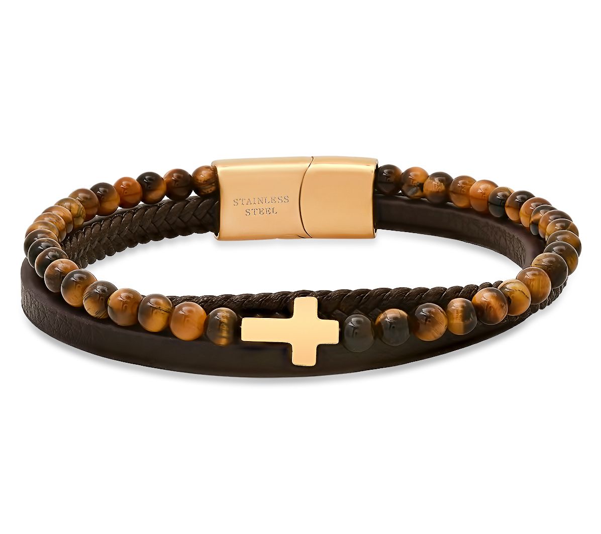 Steel By Design Layered Leather Tiger's Eye Cross Bracelet