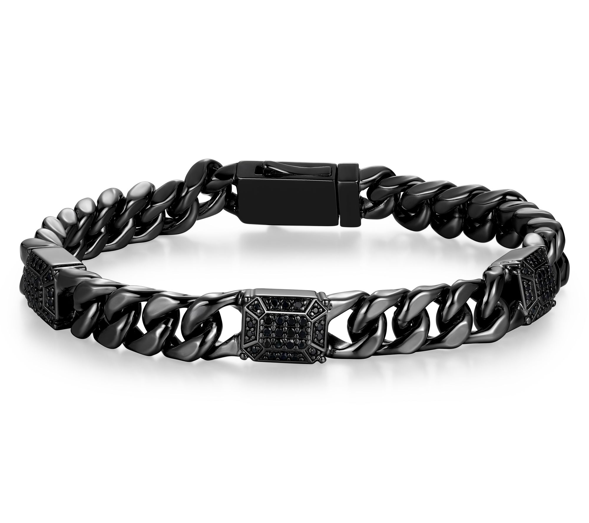 Men's Gunmetal Sterling Black Sapphire Curb Link Bracelet