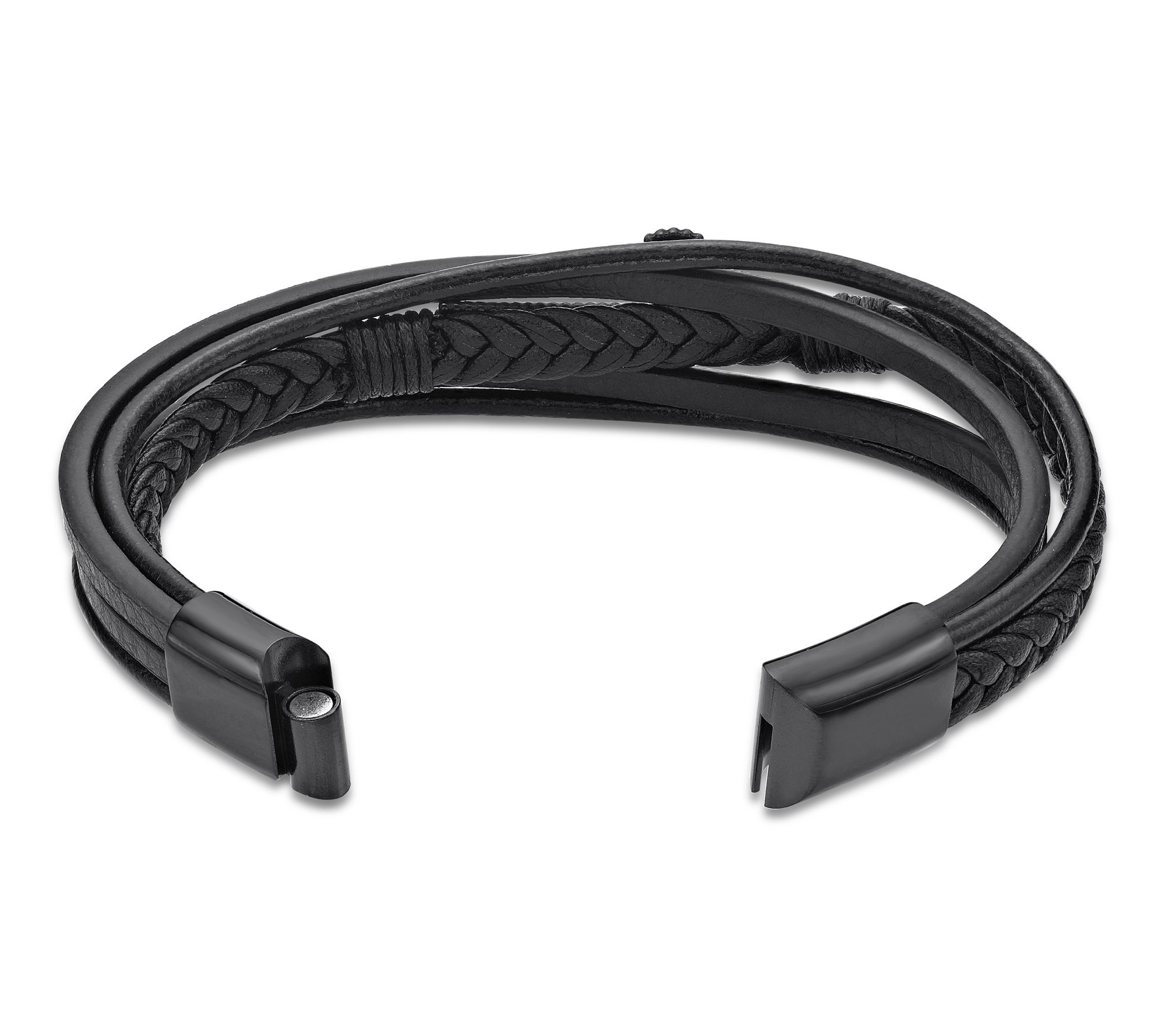 LYNX Men's Black IP Stainless Steel Leather Bracelet - QVC.com