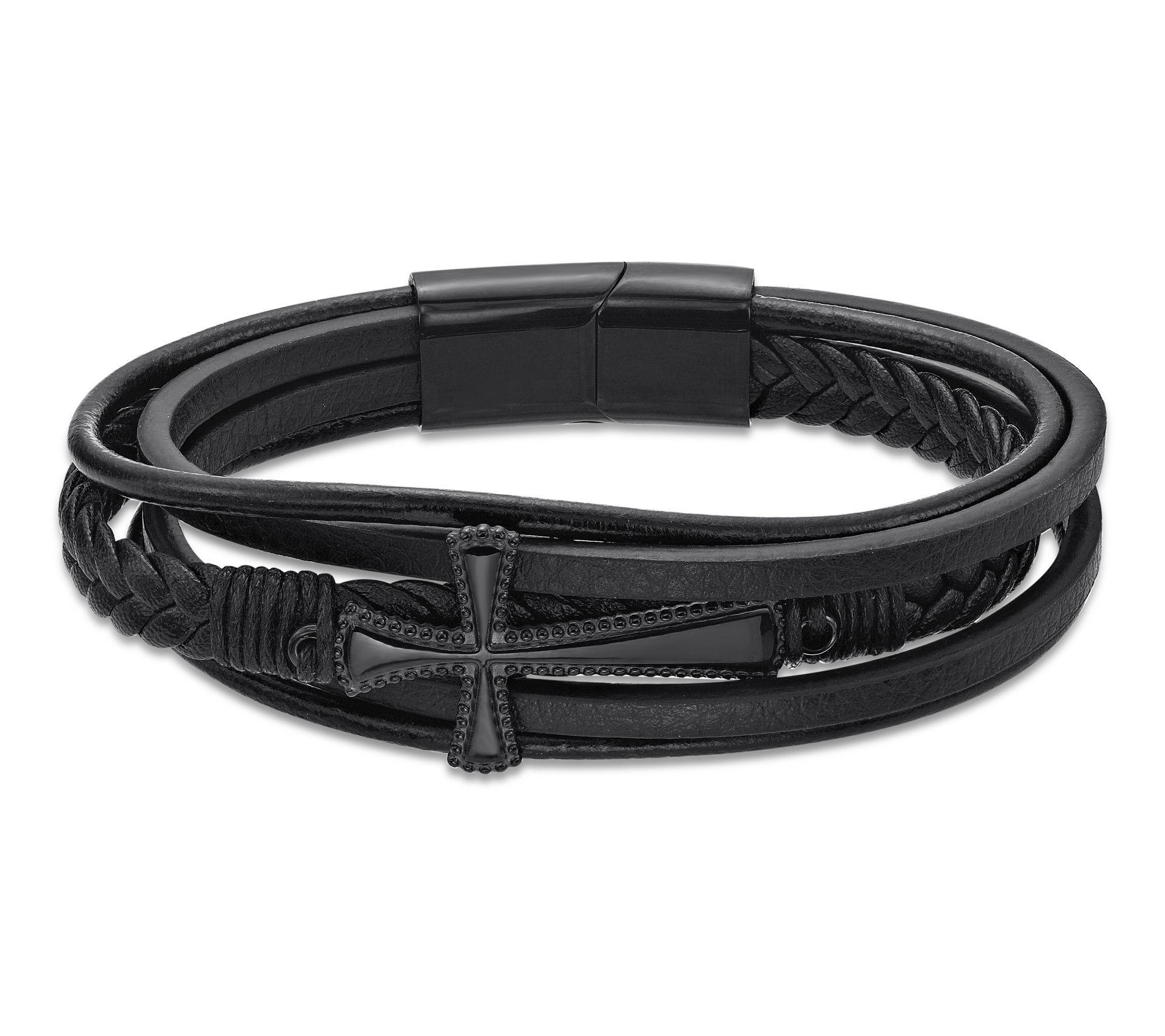 LYNX Men's Black IP Stainless Steel Leather Bracelet