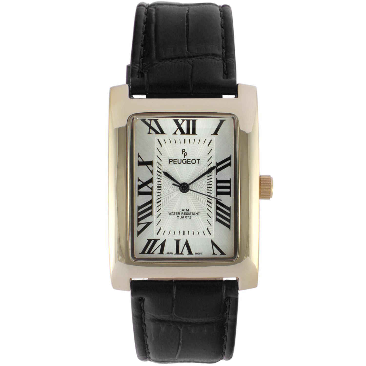 Peugeot Men's 14K-Plated Stainless RectangularLeather Watch