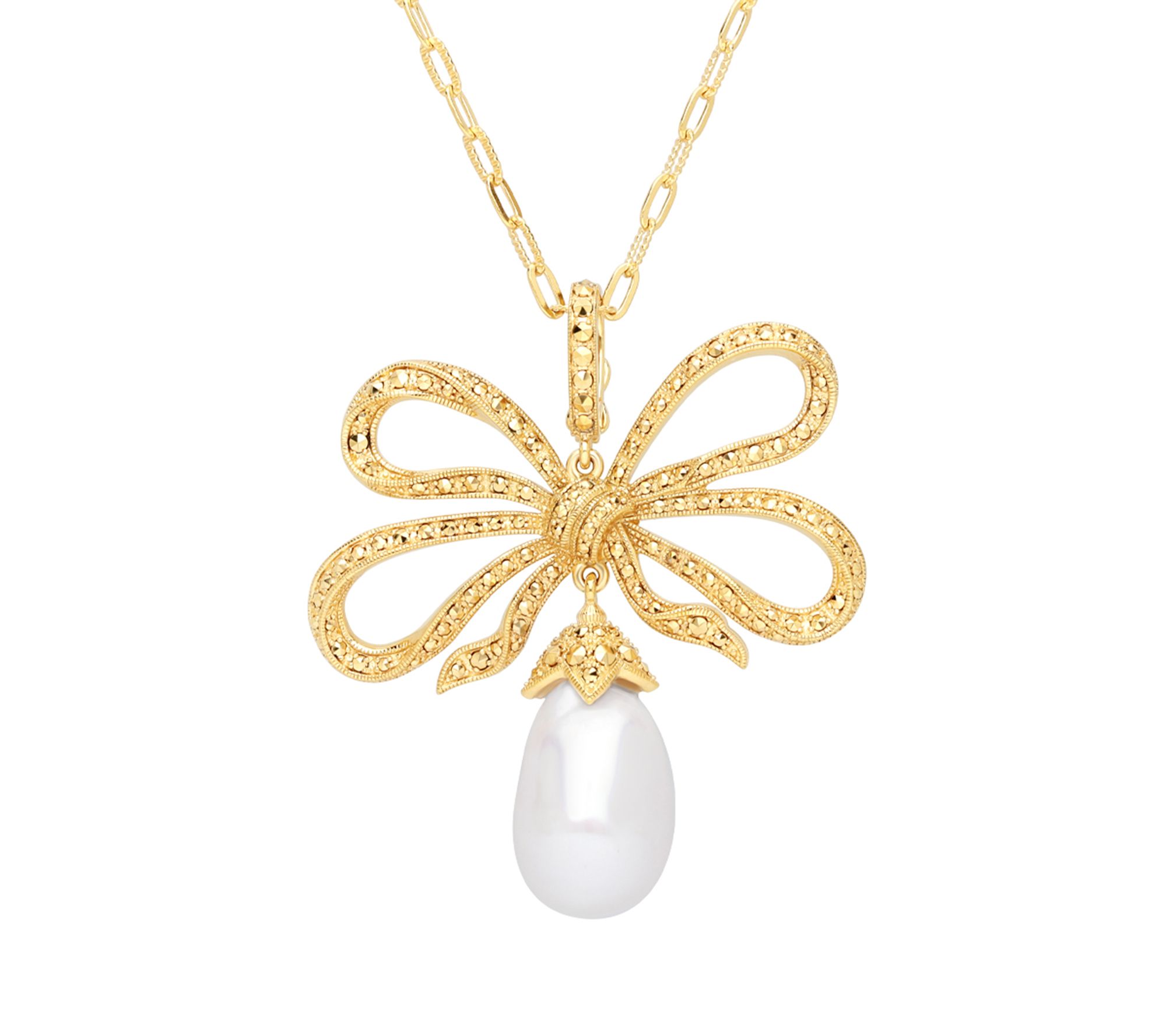 Dallas Prince 14K Clad Cultured Pearl & Marcasite Bow Necklace