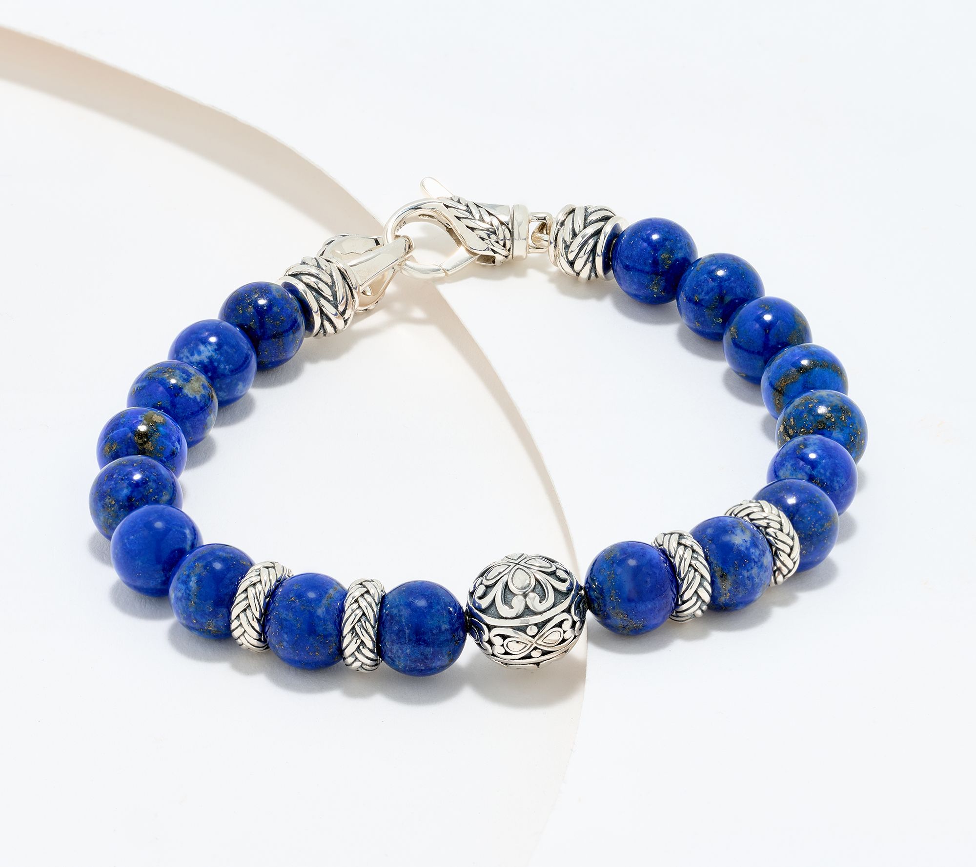 JAI Sterling Silver Heritage Lotus Texture Gem Bead Bracelet