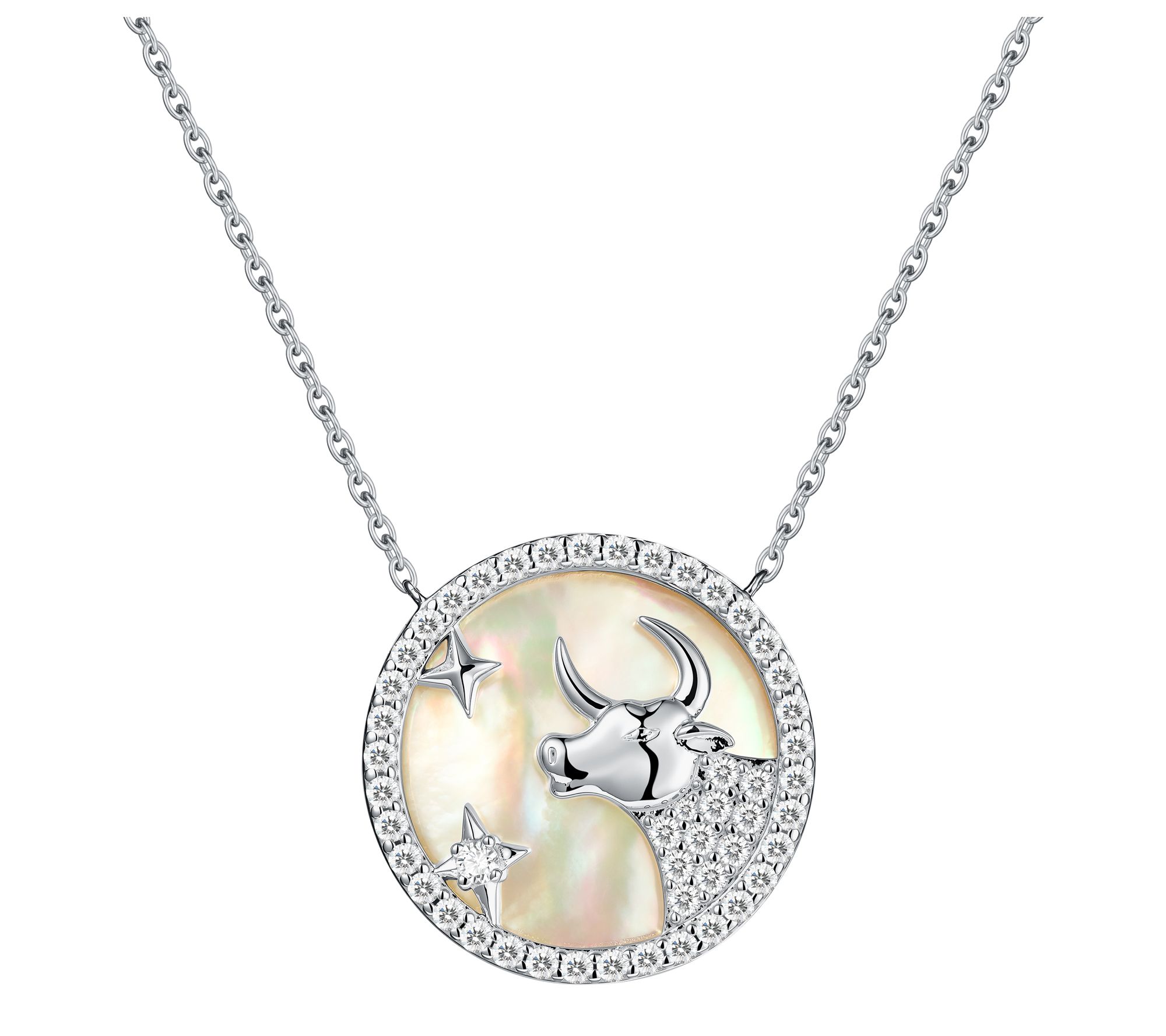 Diamonique & Mother of Pearl Zodiac Sign Necklace, Sterling