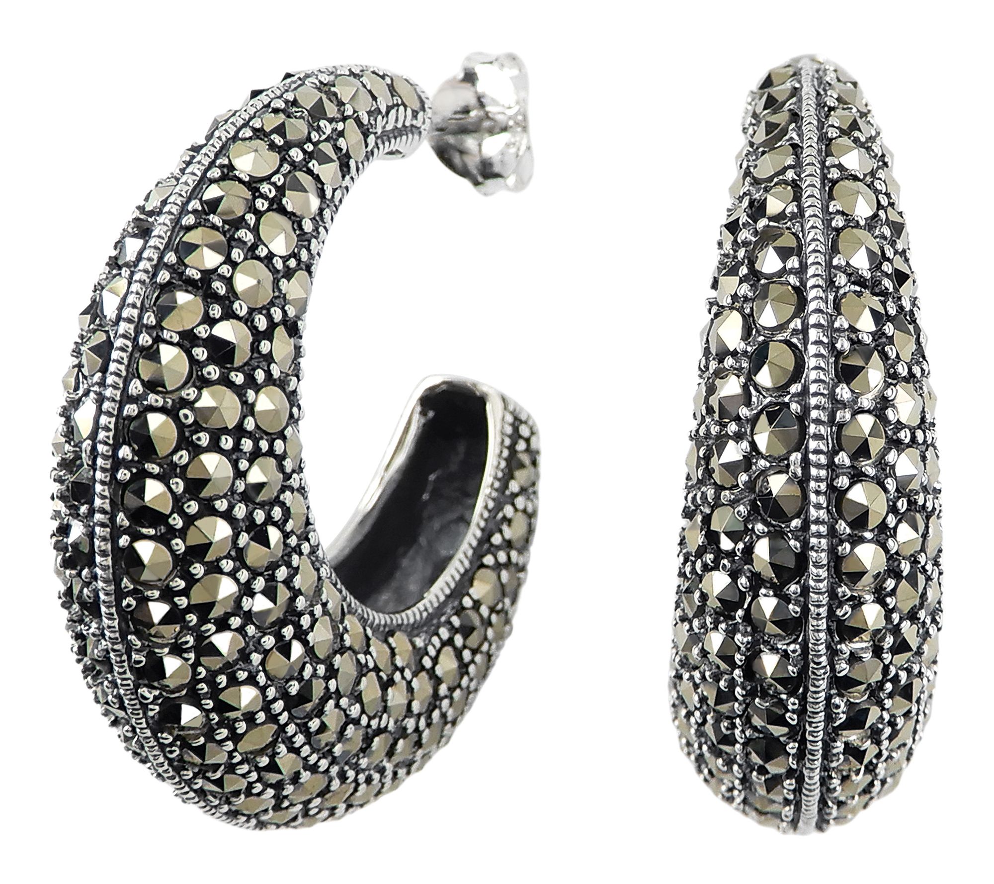 Suspicion Marcasite Dome Hoop Earrings, Sterling Silver