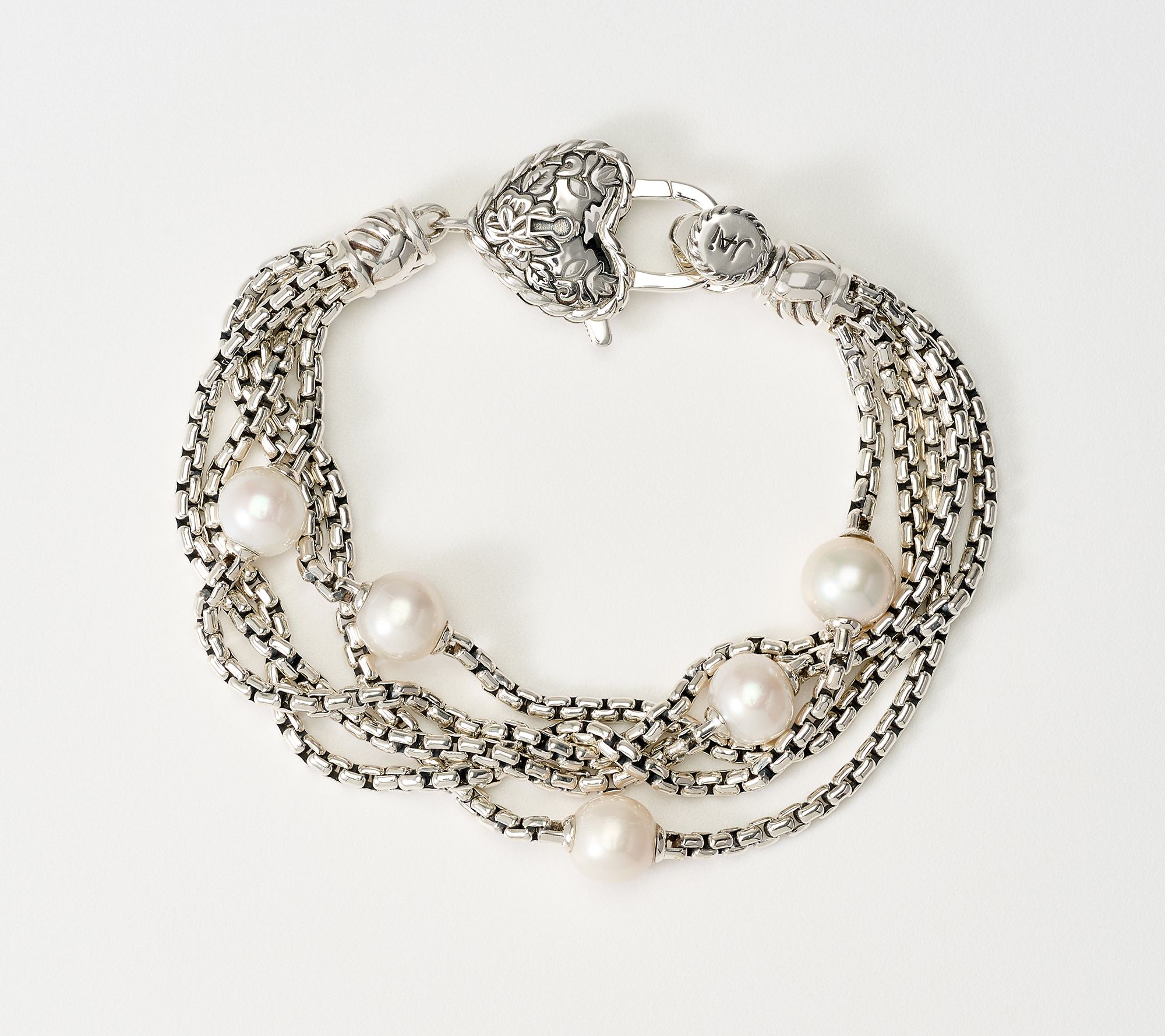 JAI Sterling Silver Multi Row Box Chain & Pearl Bracelet, 27g