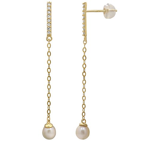 Diamonique 0.15 cttw Cultured Pearl Drop Earrings, 14K Gold