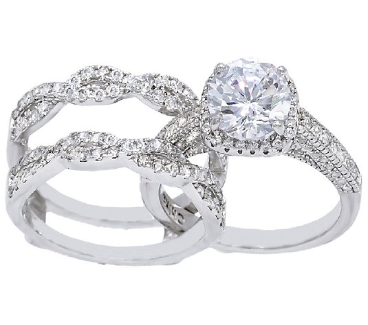 Diamonique 3.95 cttw Round-Cut Halo Bridal Ring Set, Sterling