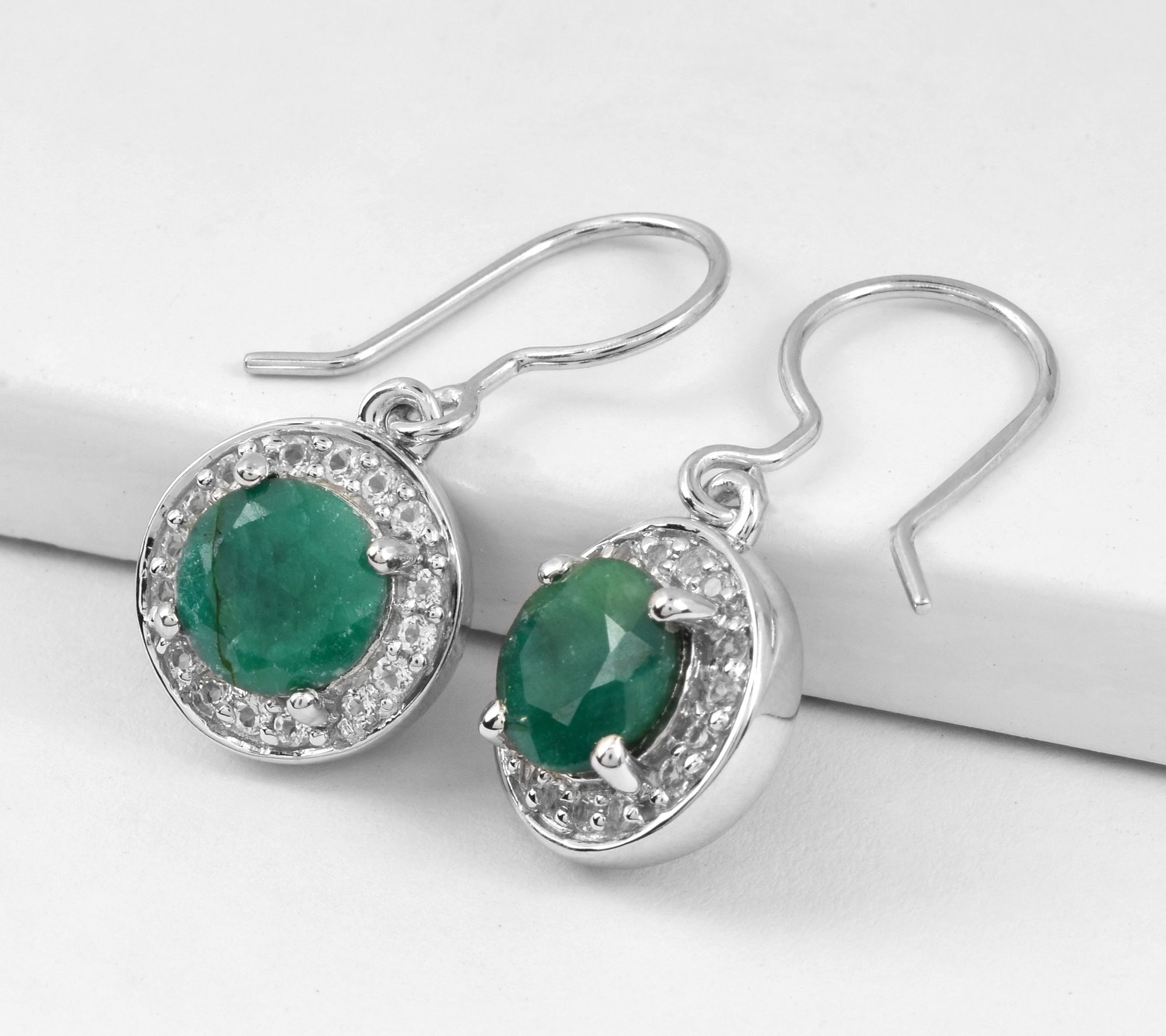 Sterling Silver Corundum Emera ld & White Topa z Dangle Earrin
