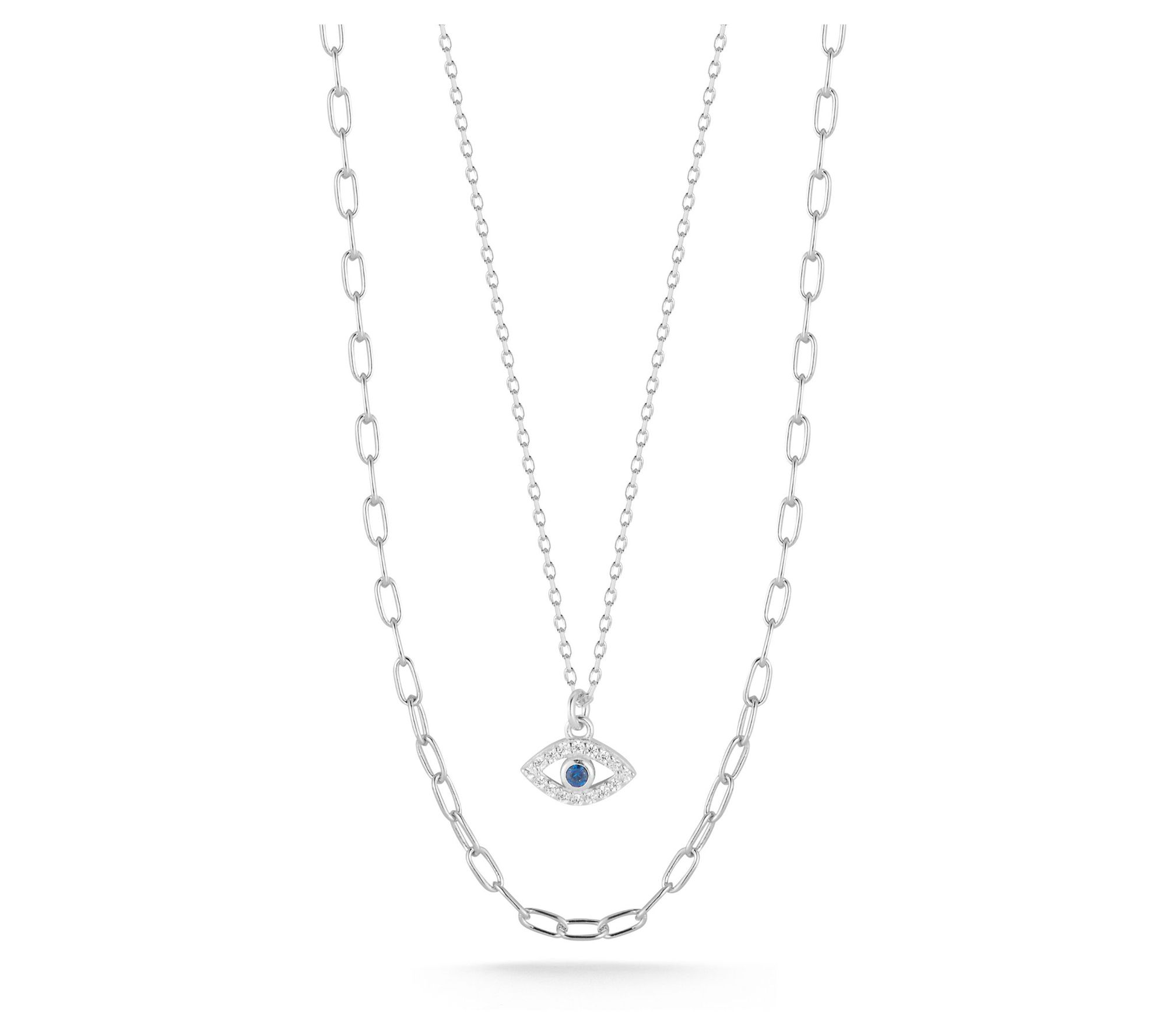 Sterlina Silver Evil Eye Double Chain Necklace,Sterling