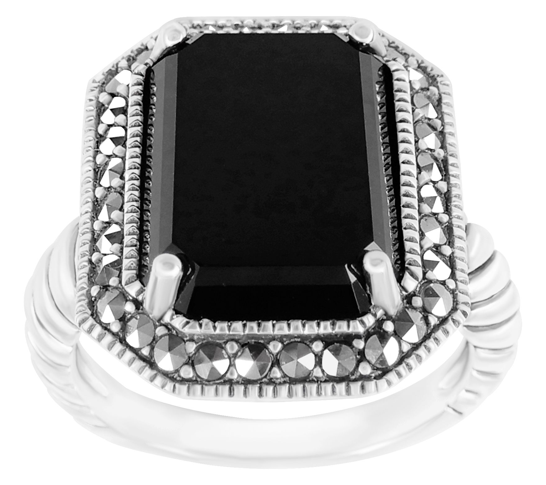 Suspicion Sterling Silver Onyx & Marcasite Cocktail Ring
