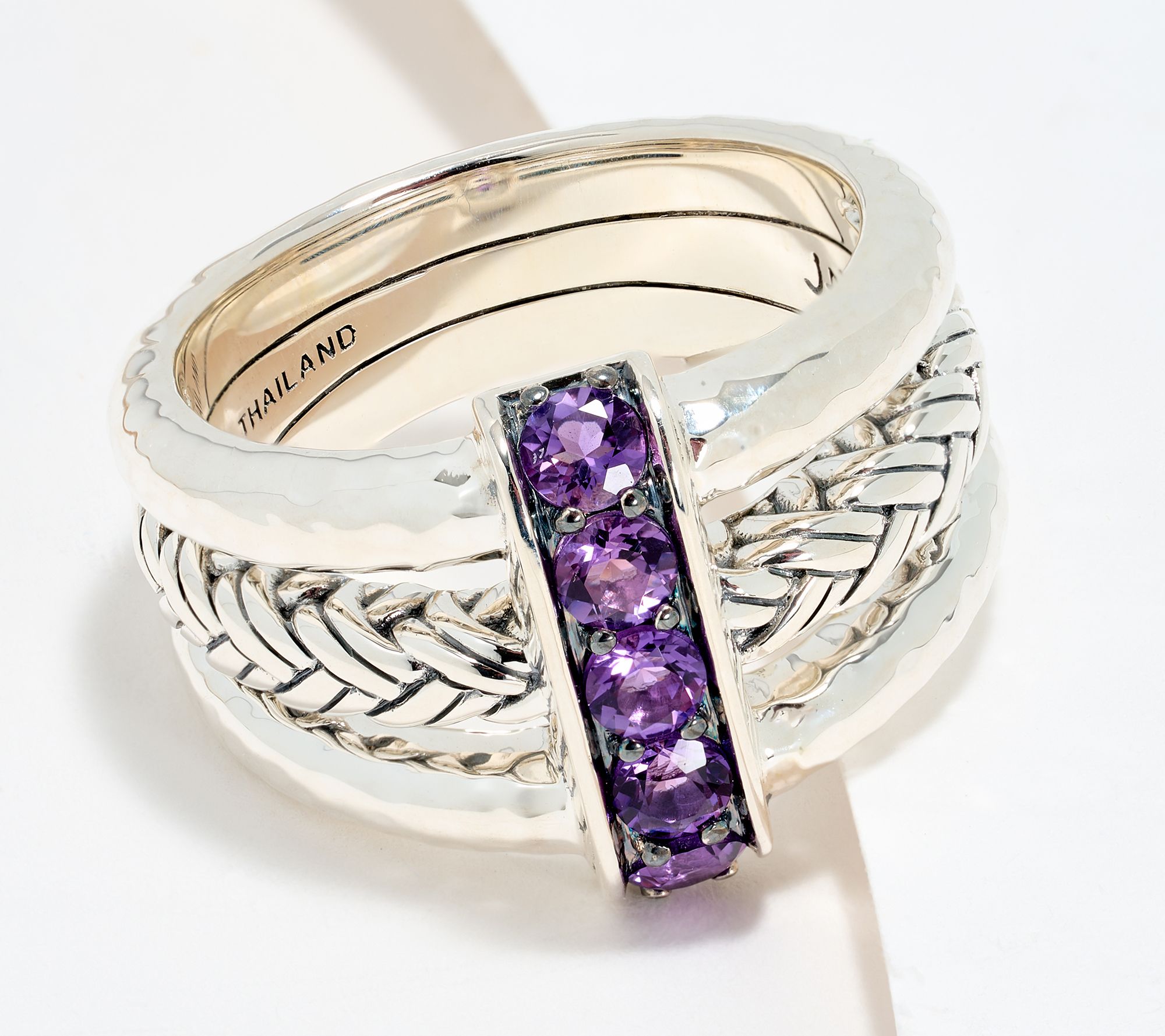 JAI Sterling Silver Legacy Woven Texture Pave Gemstone Ring