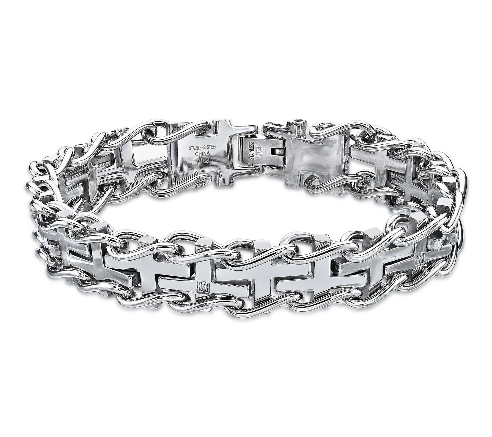 LYNX Men's Stai nless Steel Dia mond Woven Cros s Bracelet