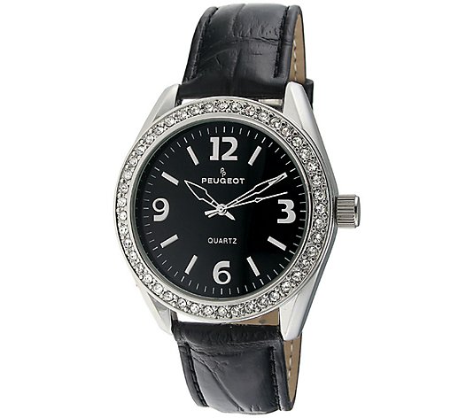 Peugeot Women's Crystal Bezel Black Leather Watch