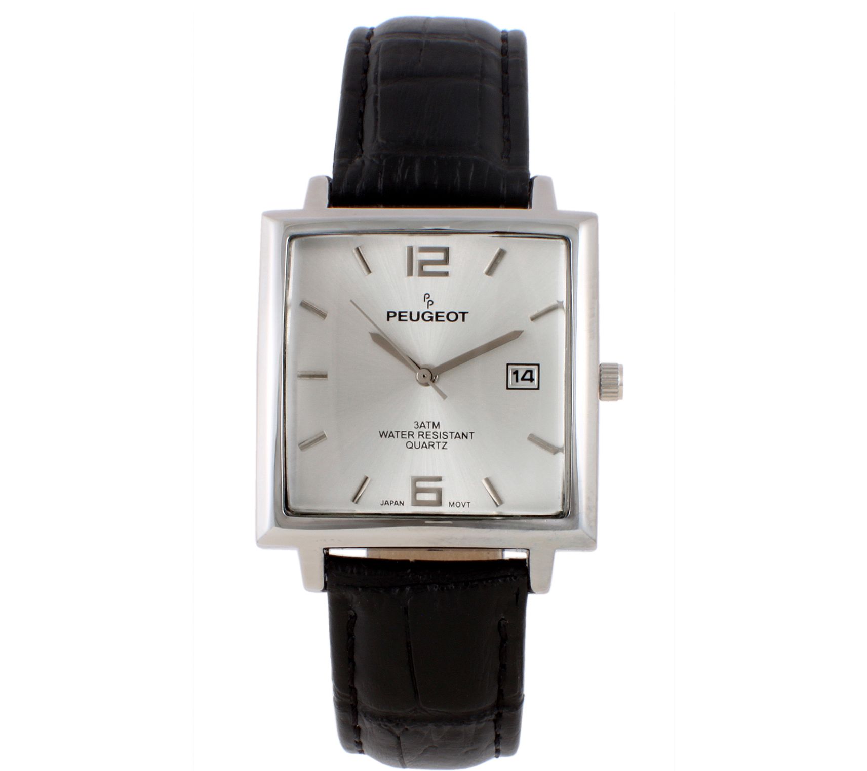 Peugeot Men's Stainless Rectangular Leather Strap Watch