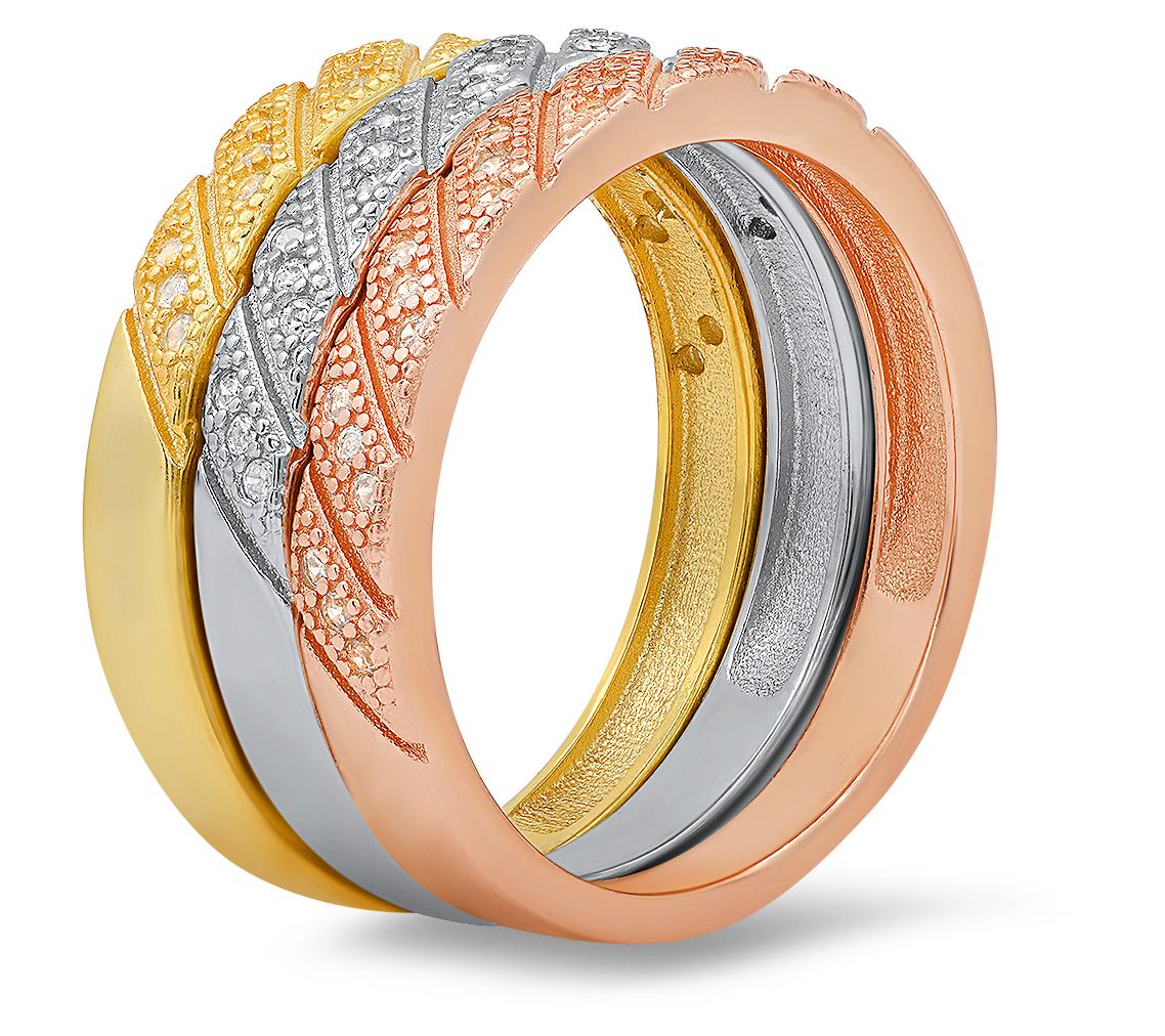Sterling Silver Tri-Color Textured Pave Stackable Ring Set - QVC.com