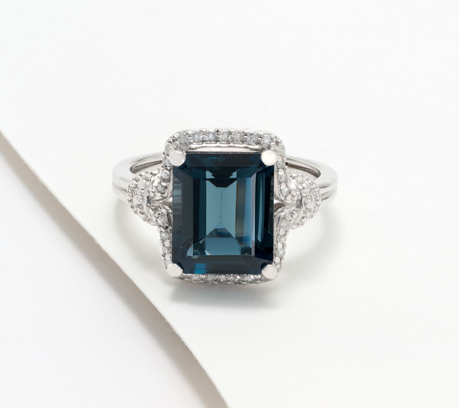 Affinity Gems London Blue Topaz & Diamond Emerald Cut Ring, Sterlings