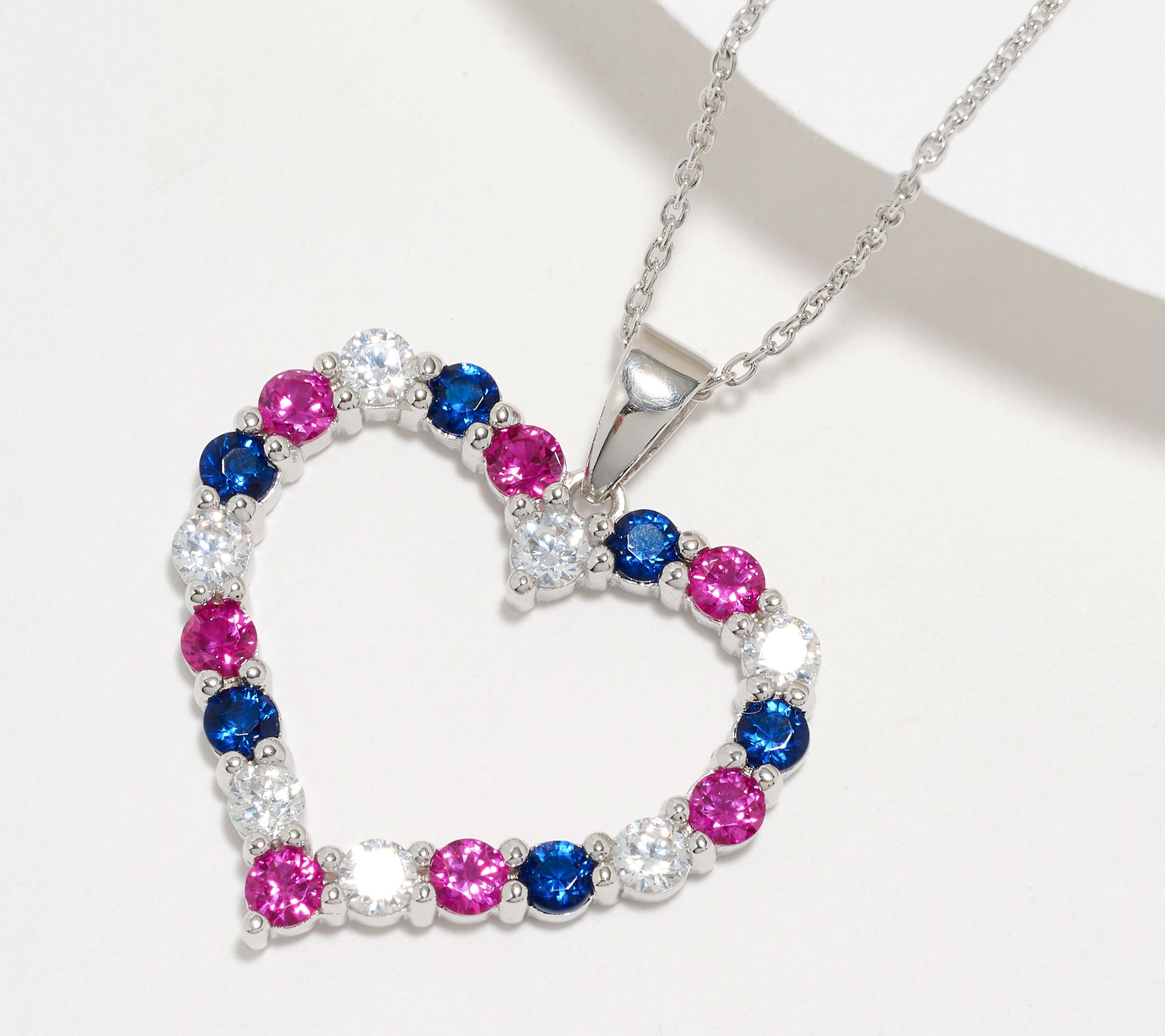 Diamonique Patriotic Open Heart Necklace, Sterling Silver