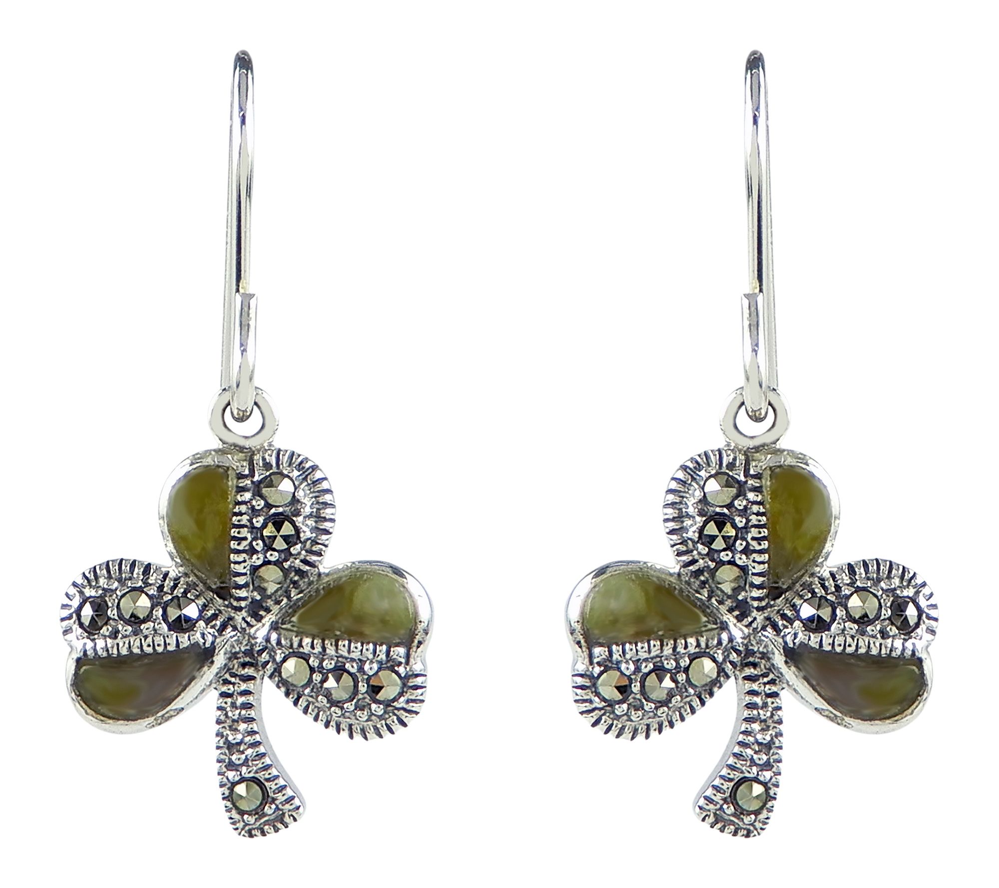 Suspicion Marbl e & Marcasite S hamrock Earring s, Sterling