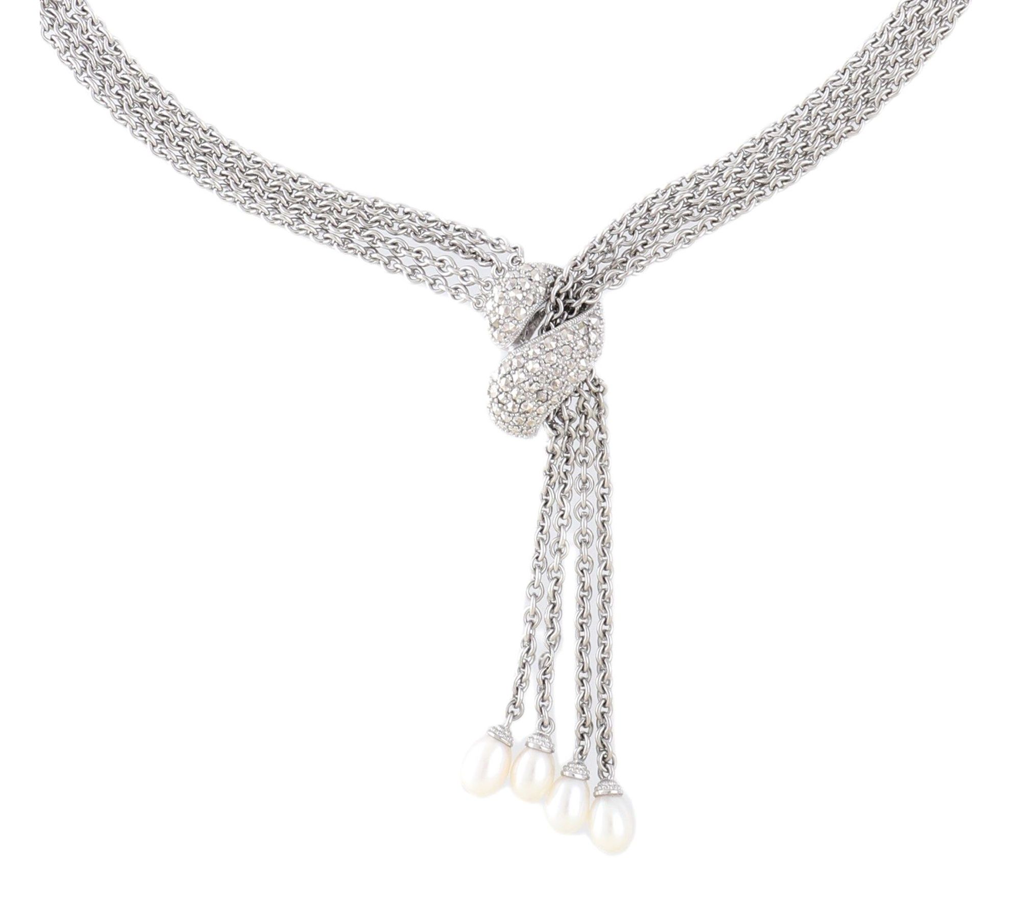 Dallas Prince Chrome Marcasite Cultured Pearl Bolo Necklace