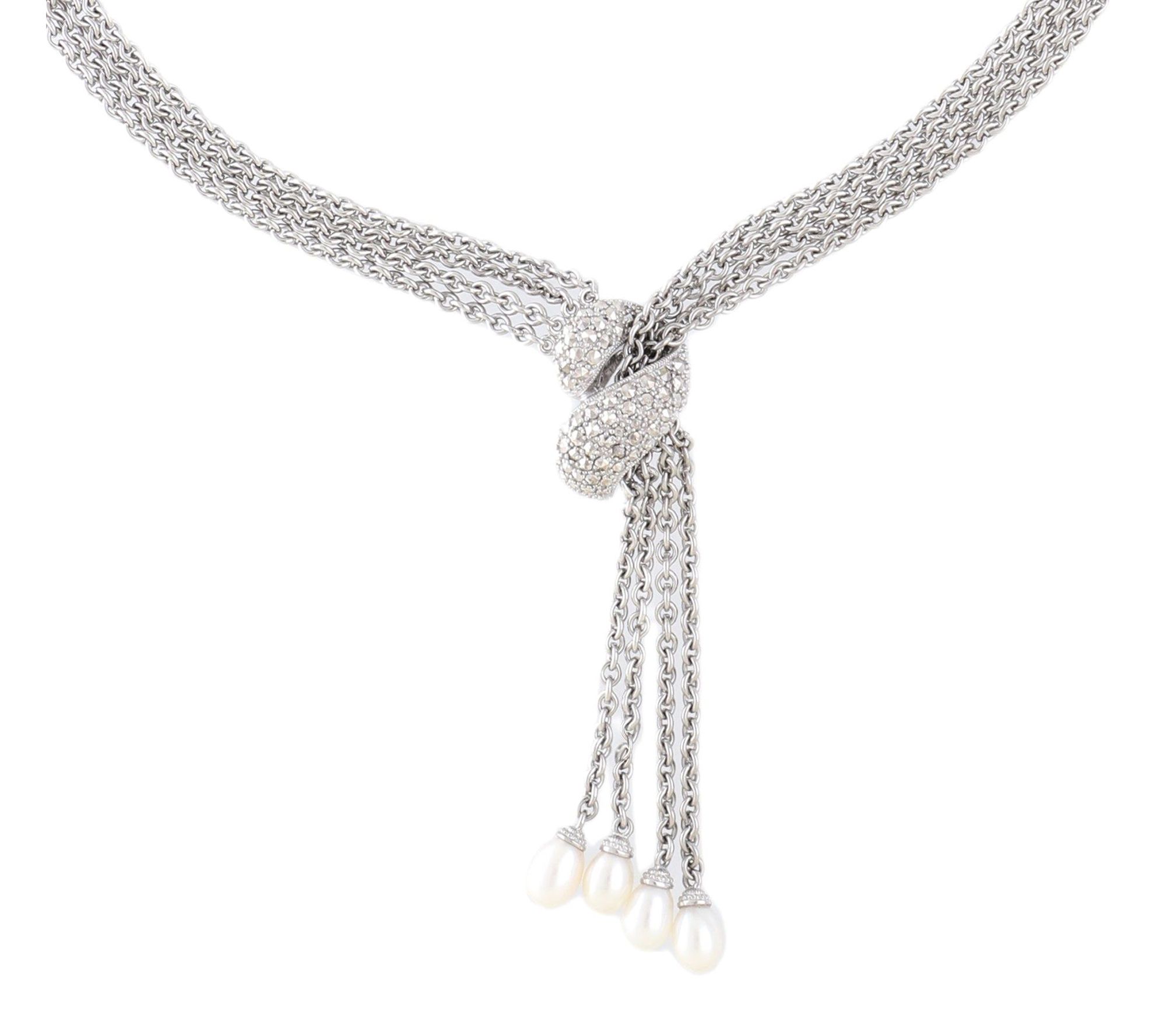 Dallas Prince Chrome Marcasite Cultured Pearl Bolo Necklace