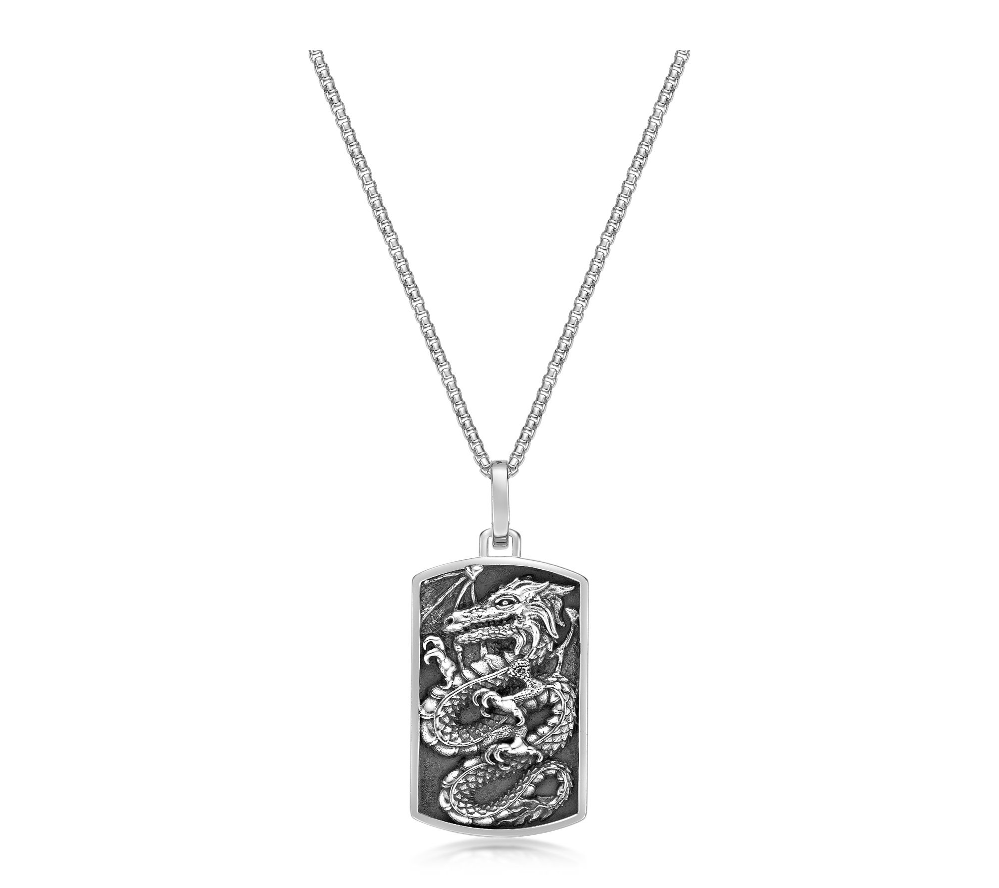 LYNX Men's Sterling Silver Dragon Dog Tag Pendant w/ Chain