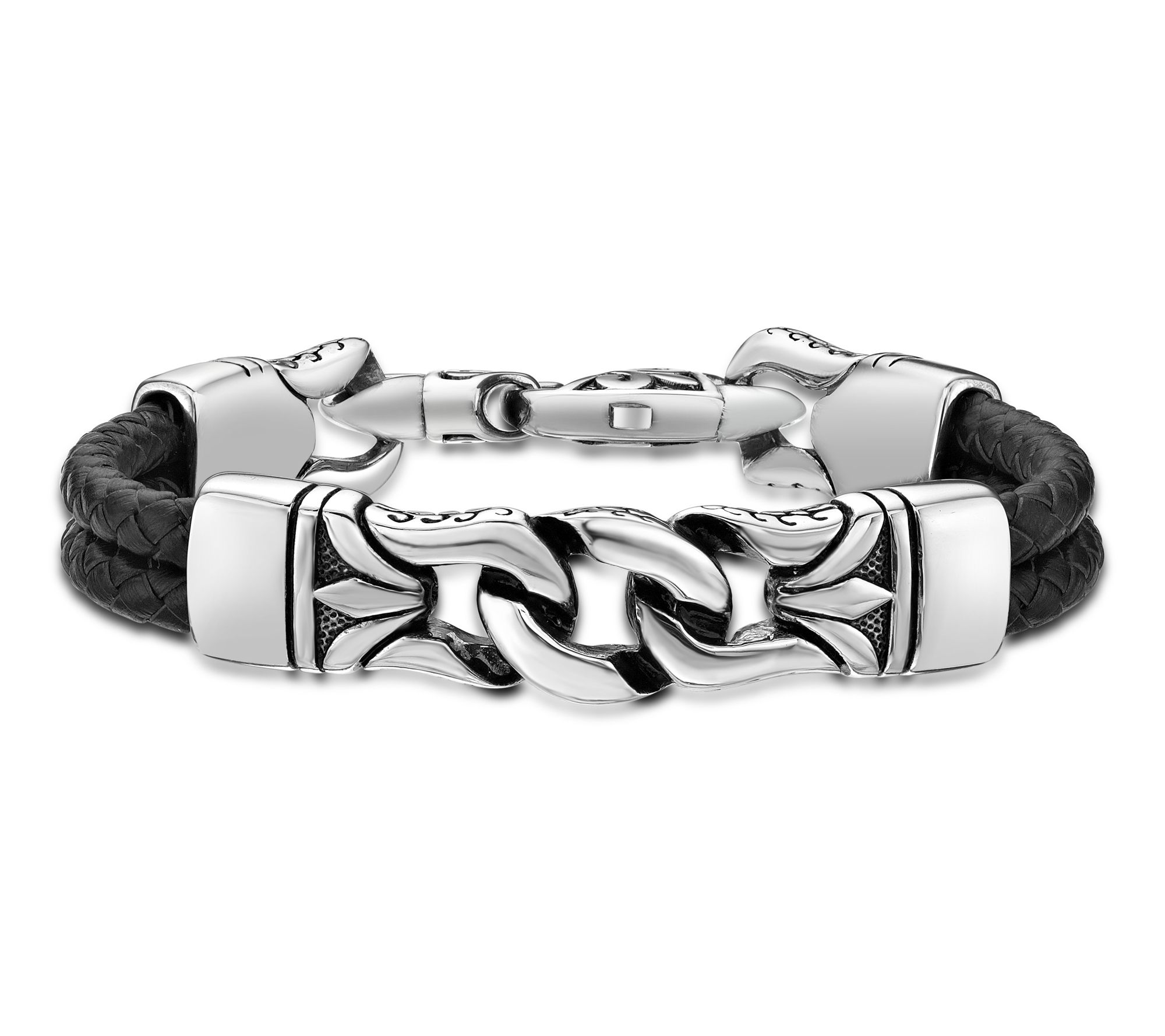 LYNX Men's Stainless Steel Black Leather Bangle