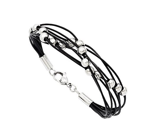 Stainless Steel 8" Black Leather Multi-strand Bead Bracelet