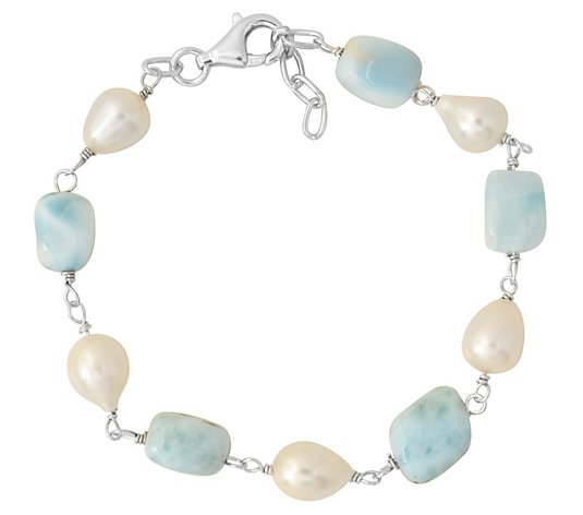 Sterling Silver Larimar Bead & Cultured Pearl Bracelet
