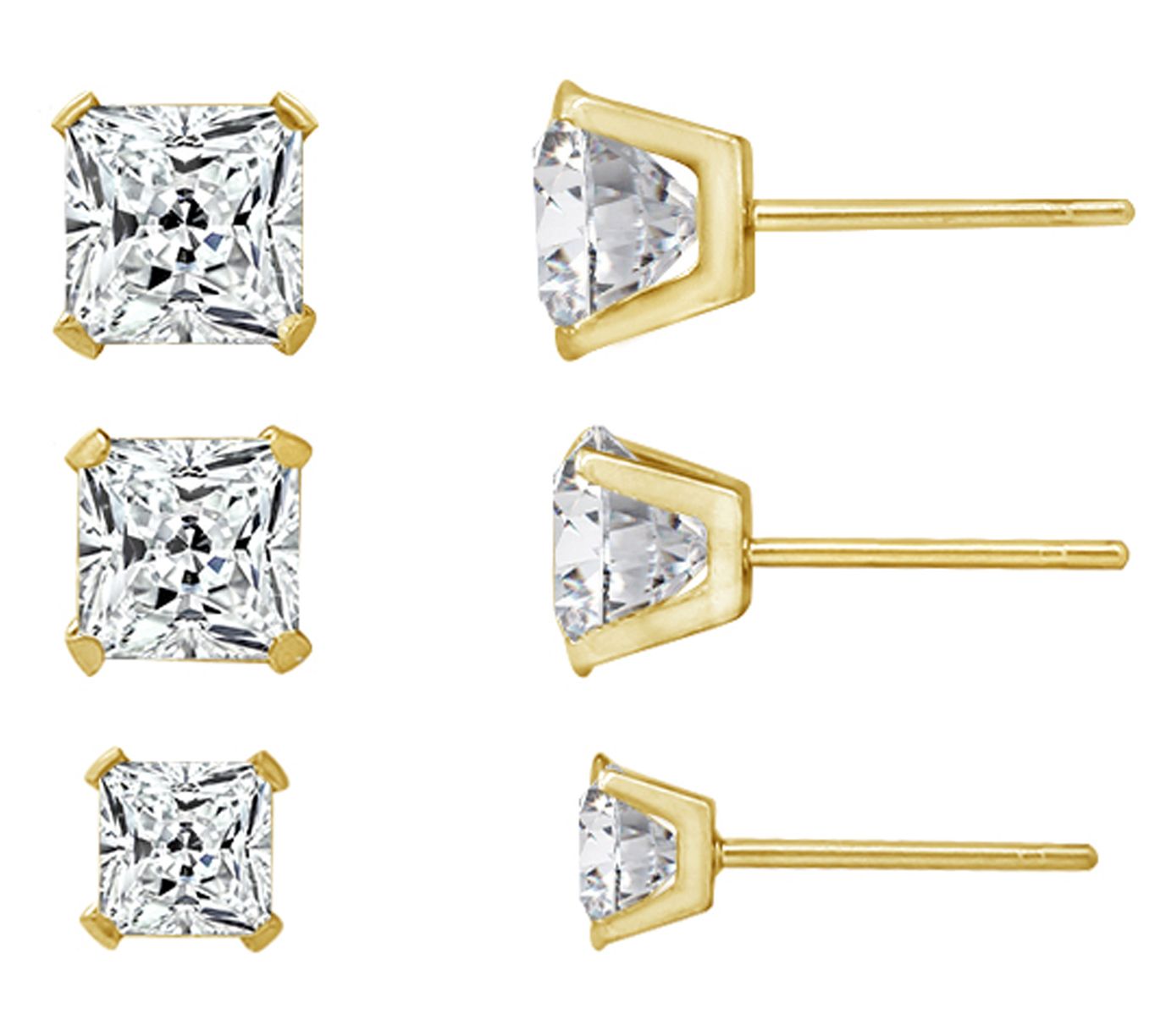 Diamonique Set of 3 Princess Cut Stud Earrings, 14K Gold