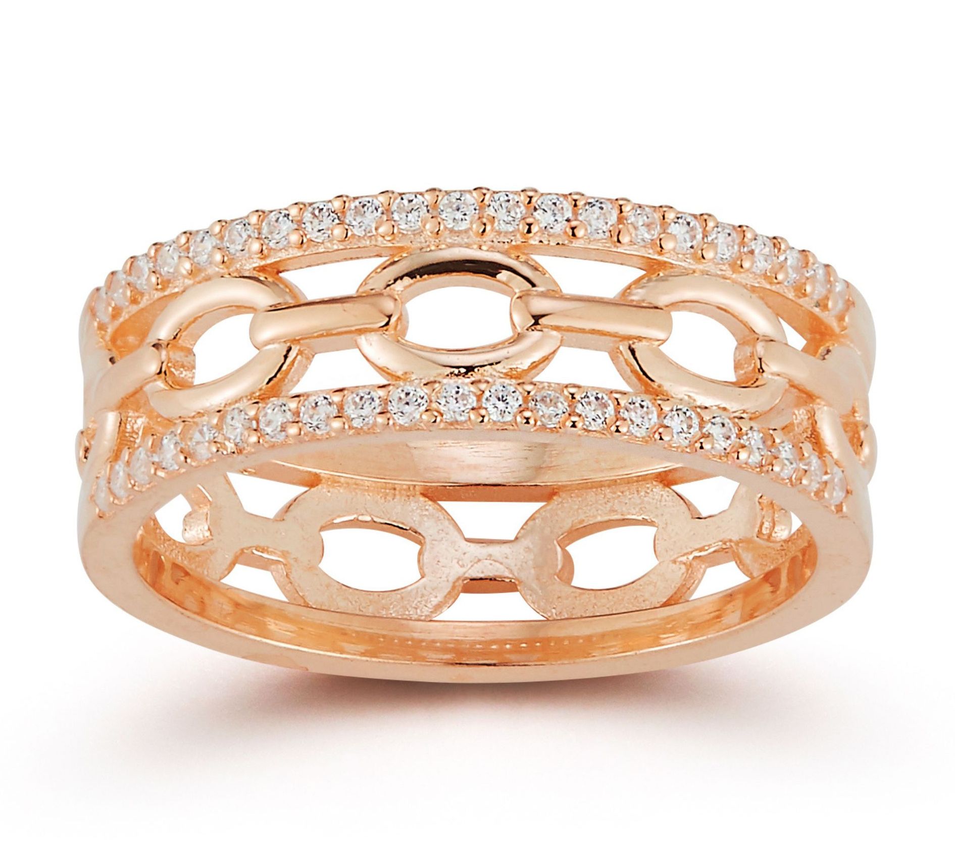 Sterlina Silver Pave Triple Stack Chain Ring, Sterling Silver