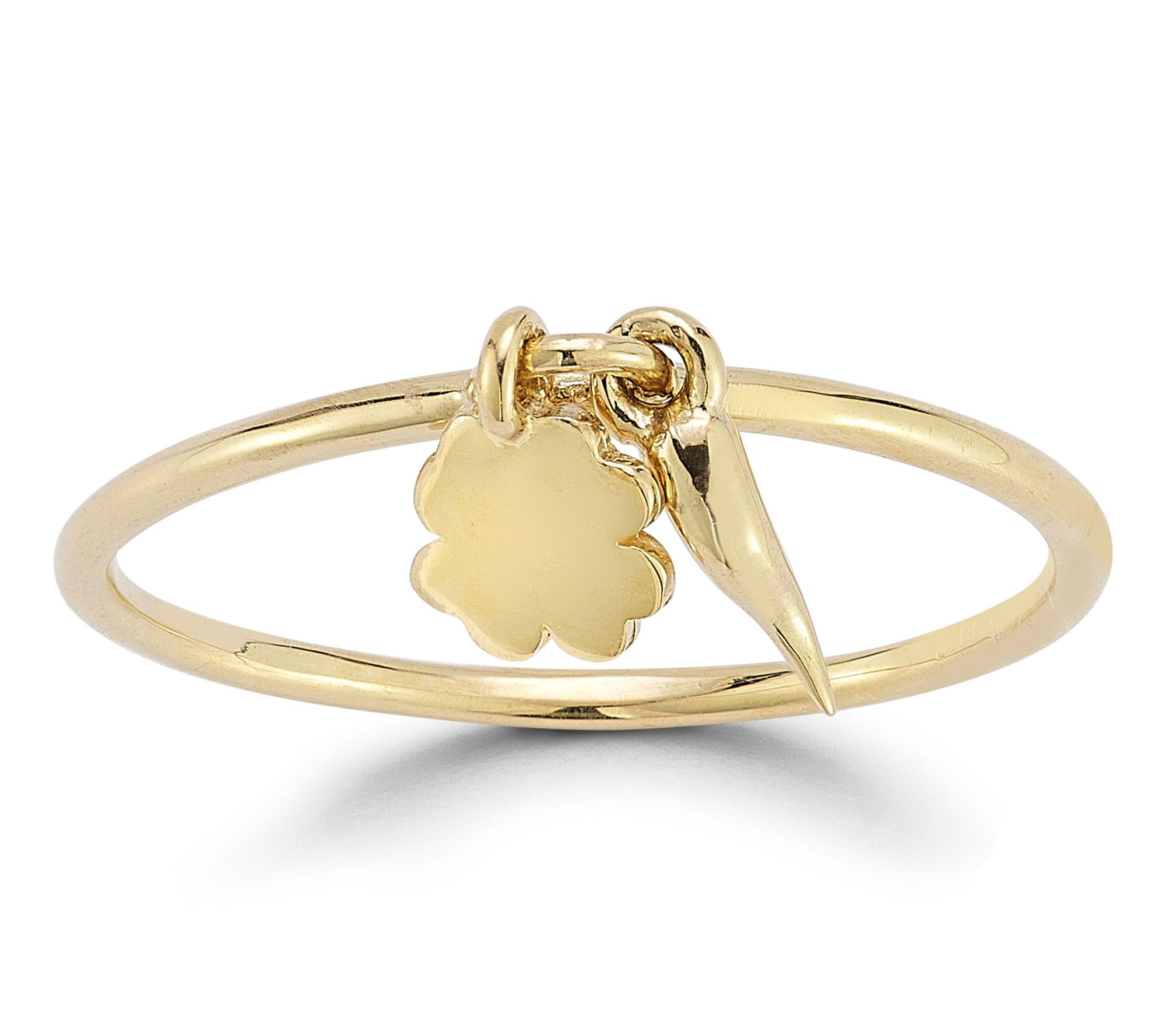 Italian Gold Lucky Horn and Clover Charm Ring,14K