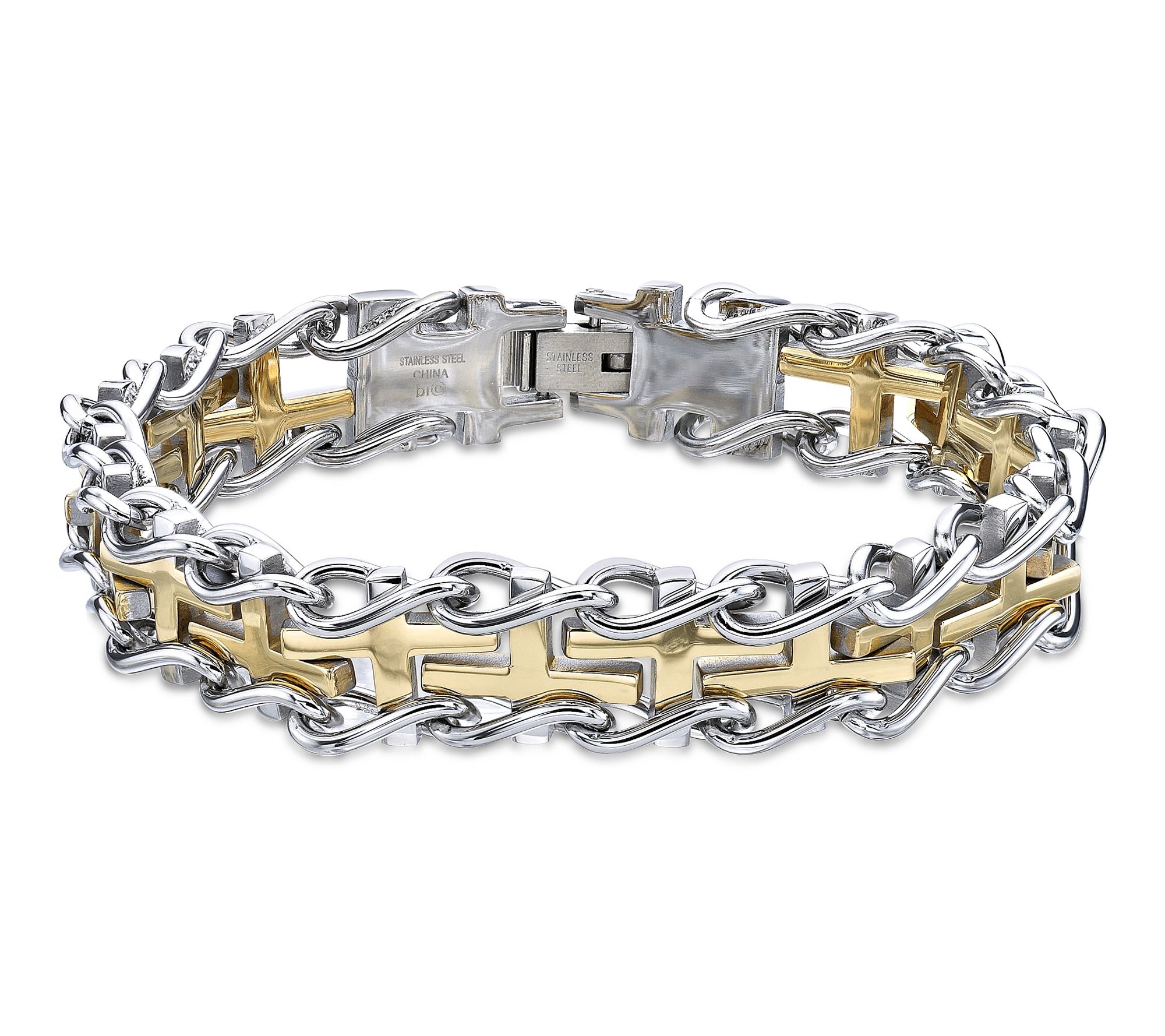 LYNX Men's Two- Tone Stainless Steel Woven Cro ss Bracelet