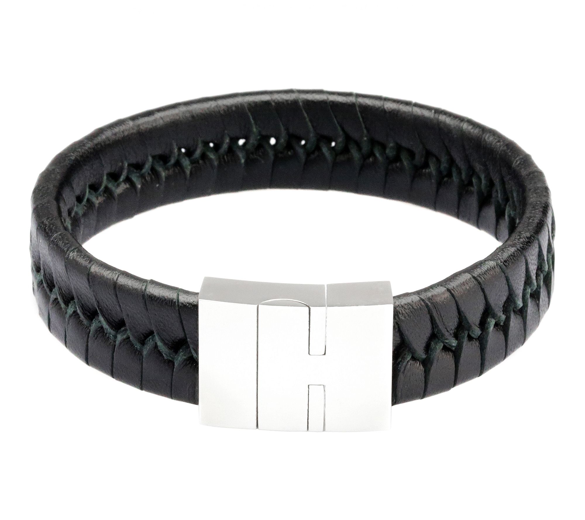 LYNX Men's Stainless Steel Black Braided Leather Bracelet