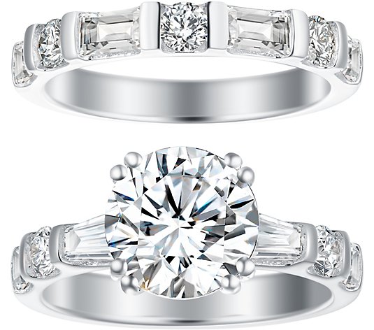Diamonique Baguette and Round Bridal Ring Set, Sterling Silver