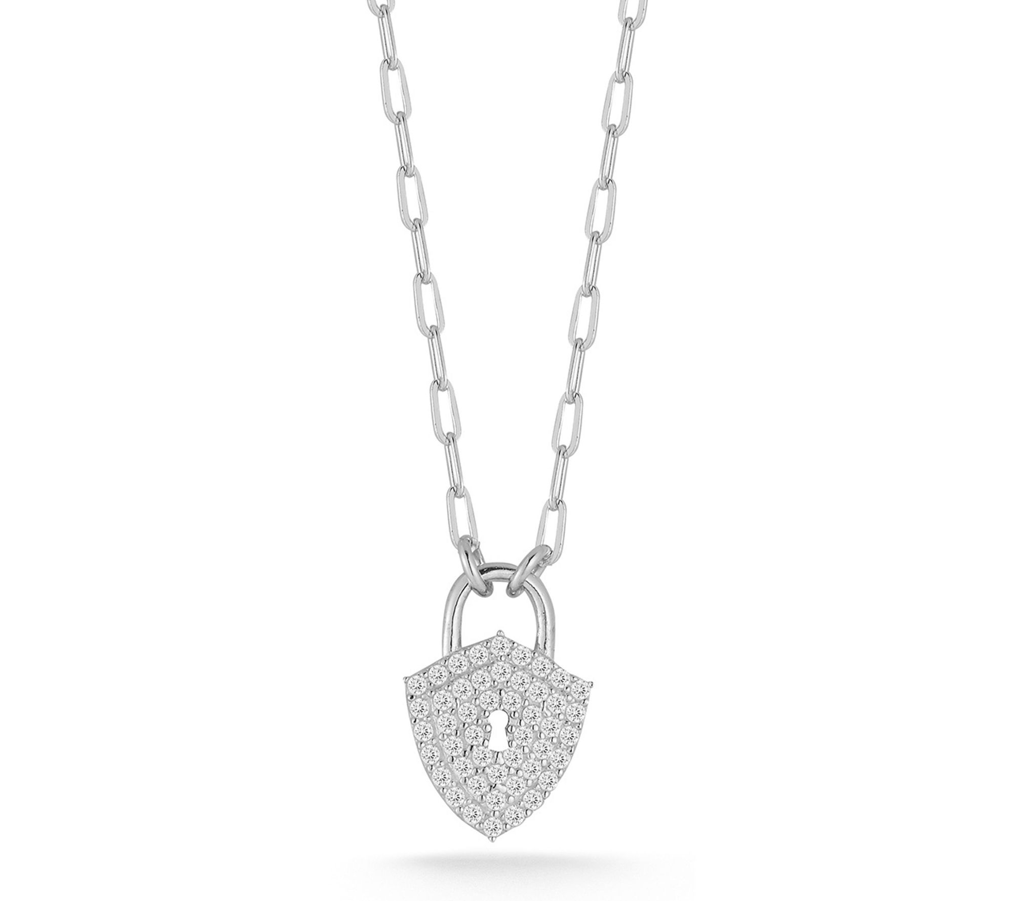 Sterlina Silver Pave Shield Padlock Necklace, Sterling