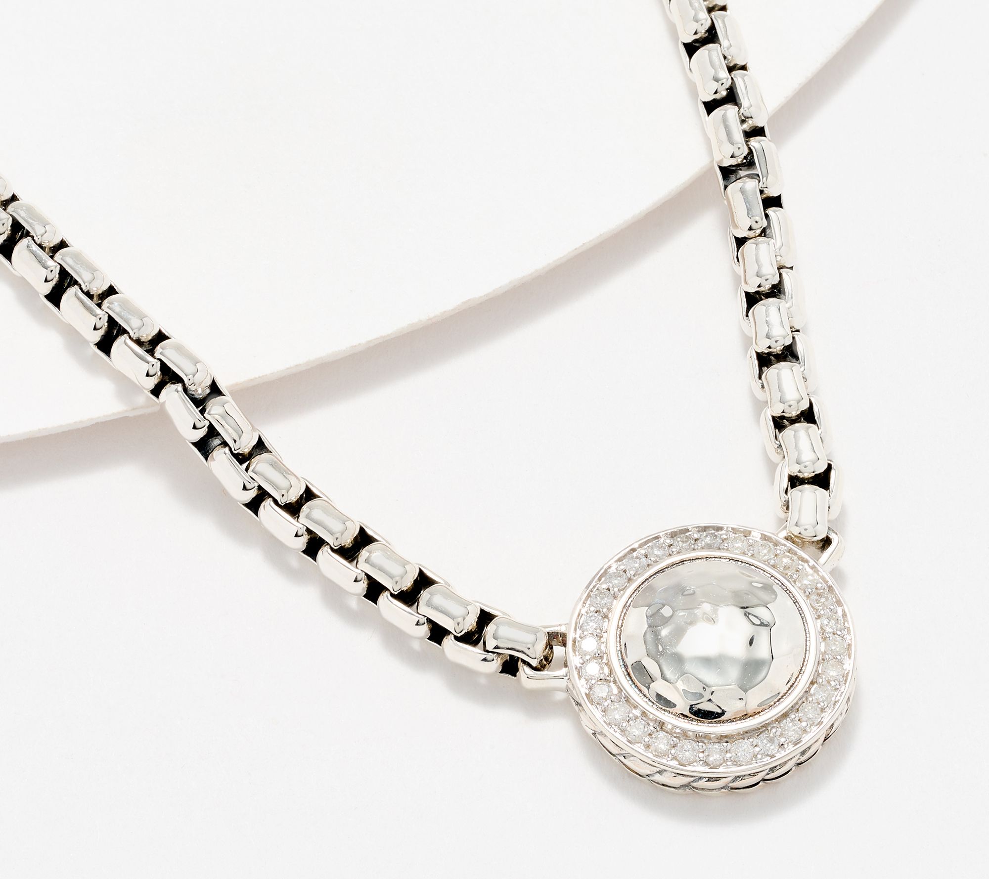 JAI Sterling Silver Hammered Disk & Diamond Box Chain Necklace