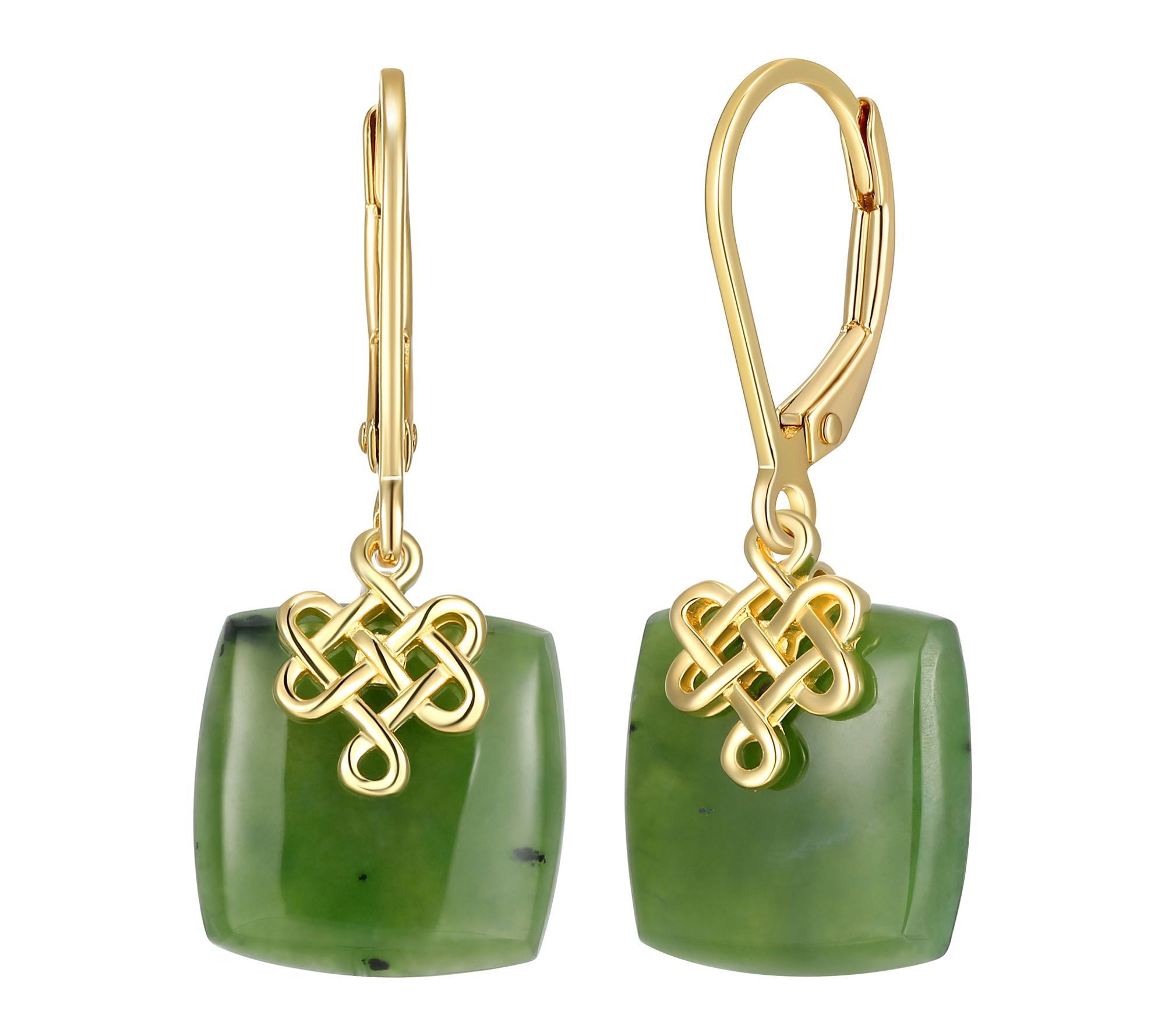 Dynasty Jade Cushion Cut Leverback Earrings, 18k Gold Plated