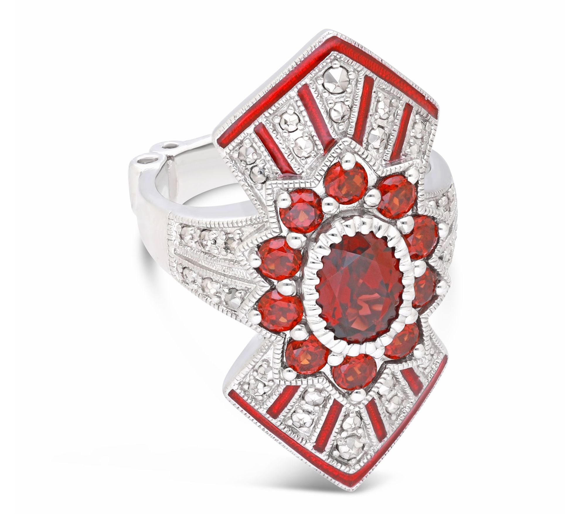 Dallas Prince Sterling Silver Chrome Marcasite& Garnet Ring