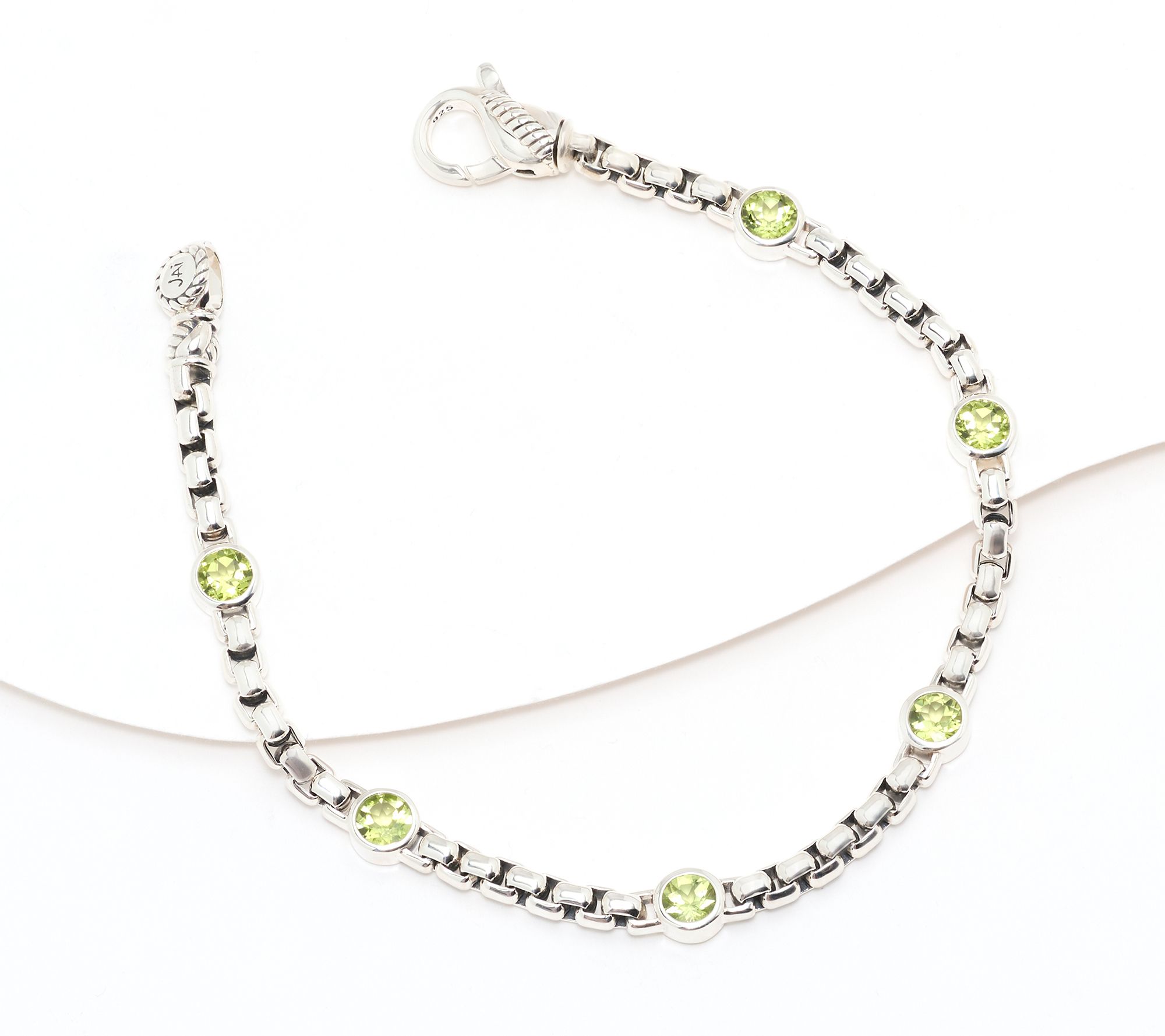 JAI Sterling Silver Box Chain Bezel Gemstone Bracelet