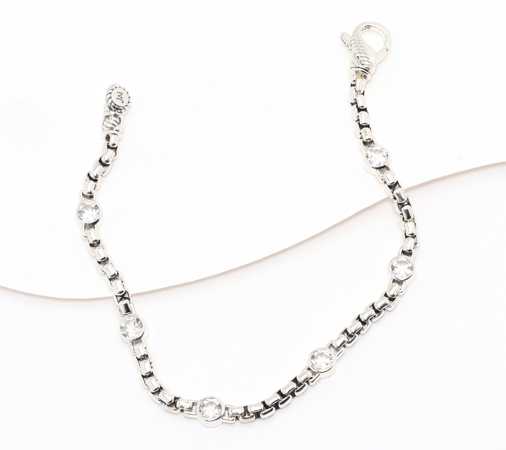 JAI Sterling Silver 3.7mm Box Chain Bezel Gemstone Bracelet, 10g