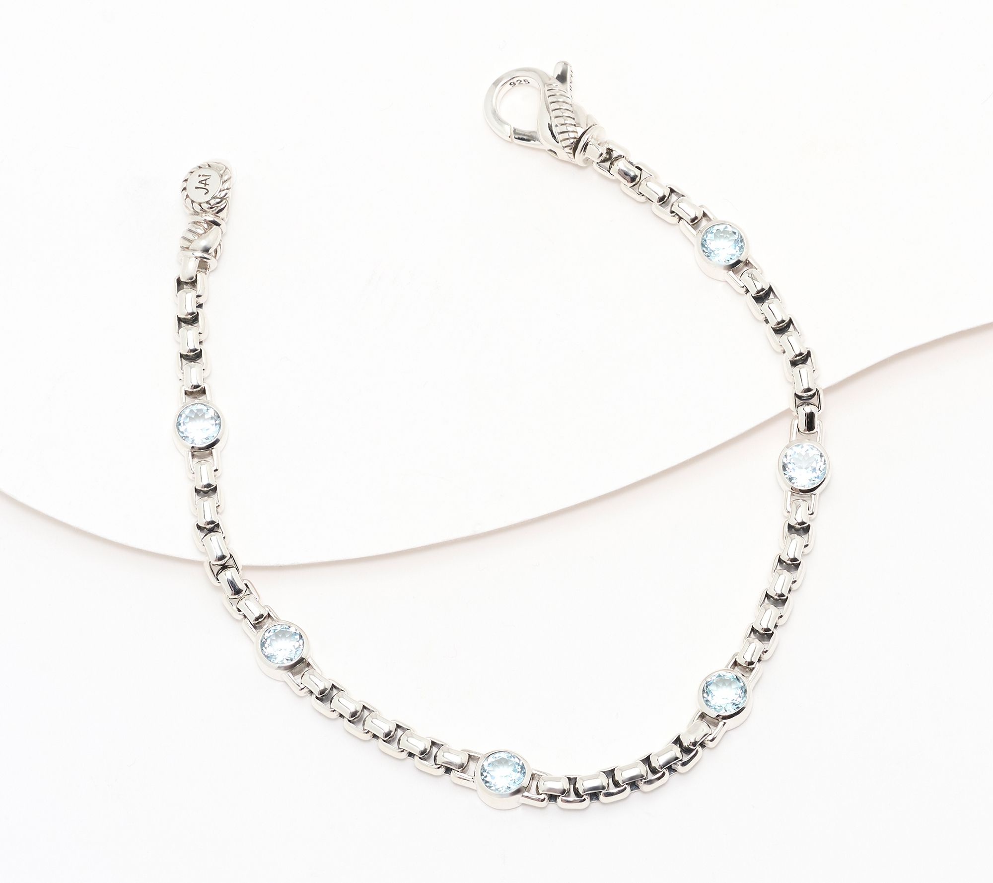 JAI Sterling Silver Box Chain Bezel Gemstone Bracelet